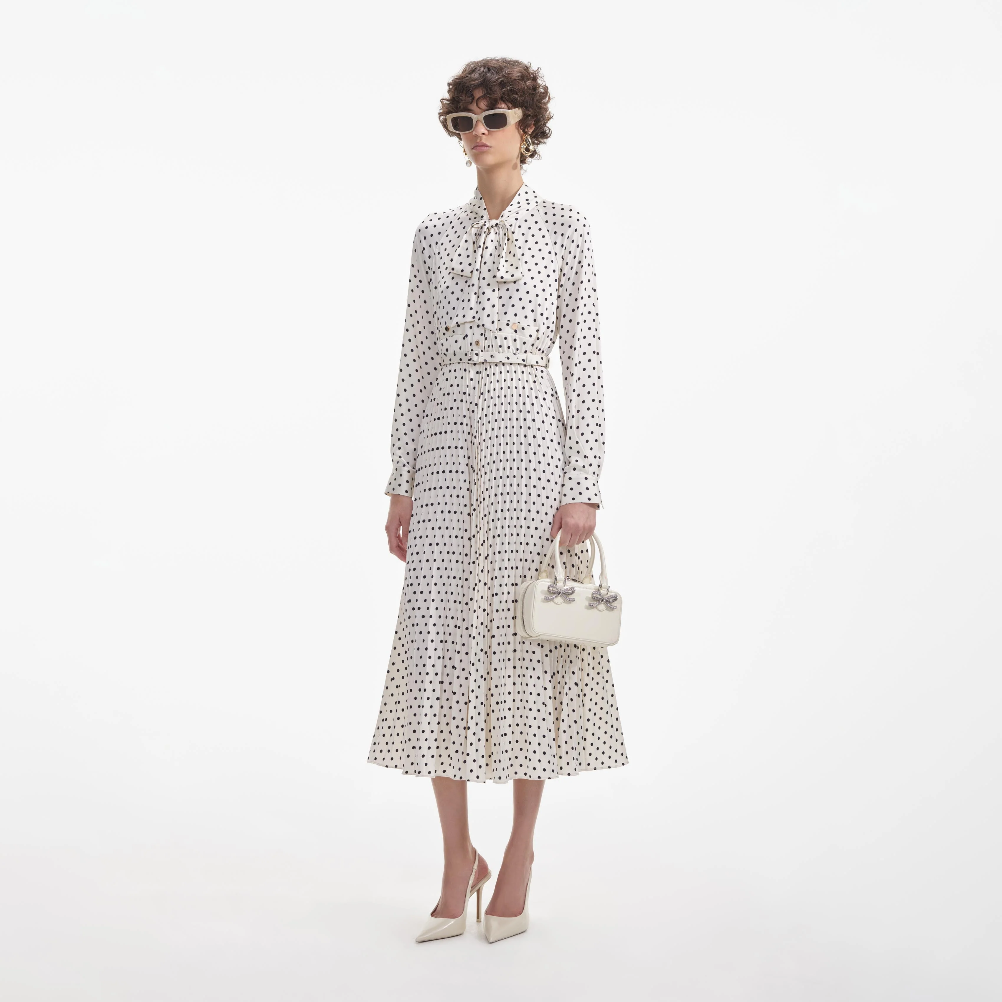 Cream Polka Dot Satin Midi Dress - Image 2