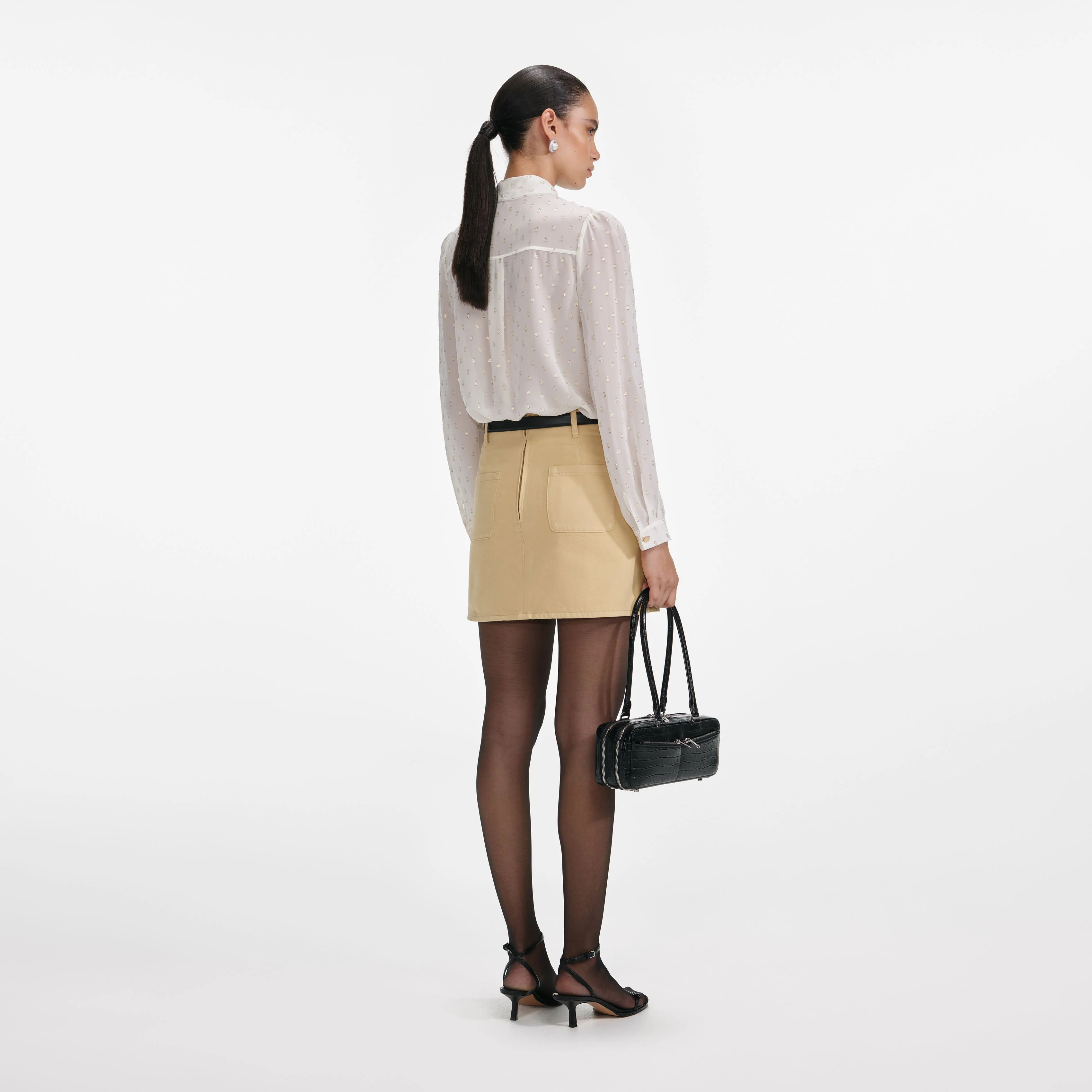 Beige Denim Belted Mini Skirt - Image 3
