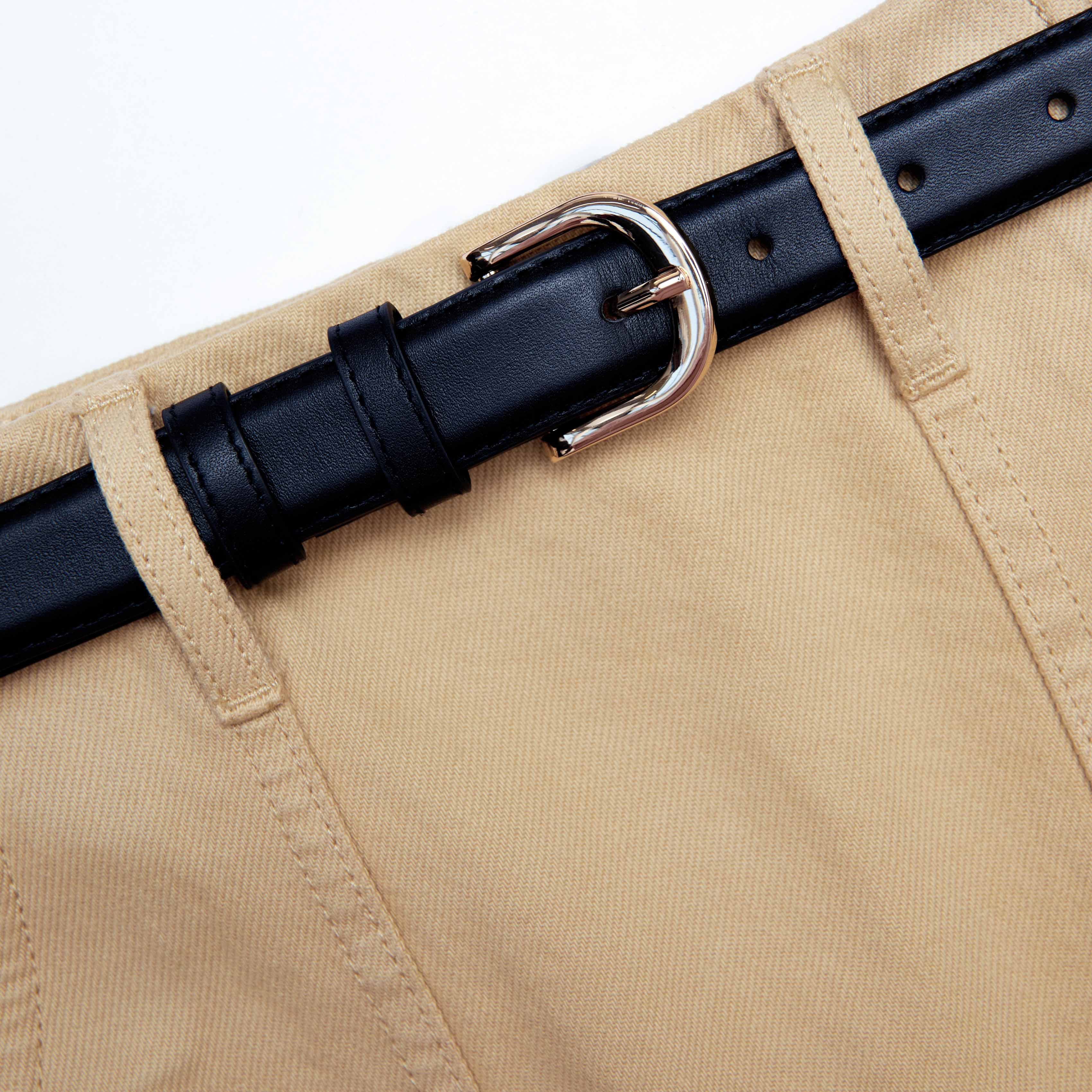Beige Denim Belted Mini Skirt - Image 5