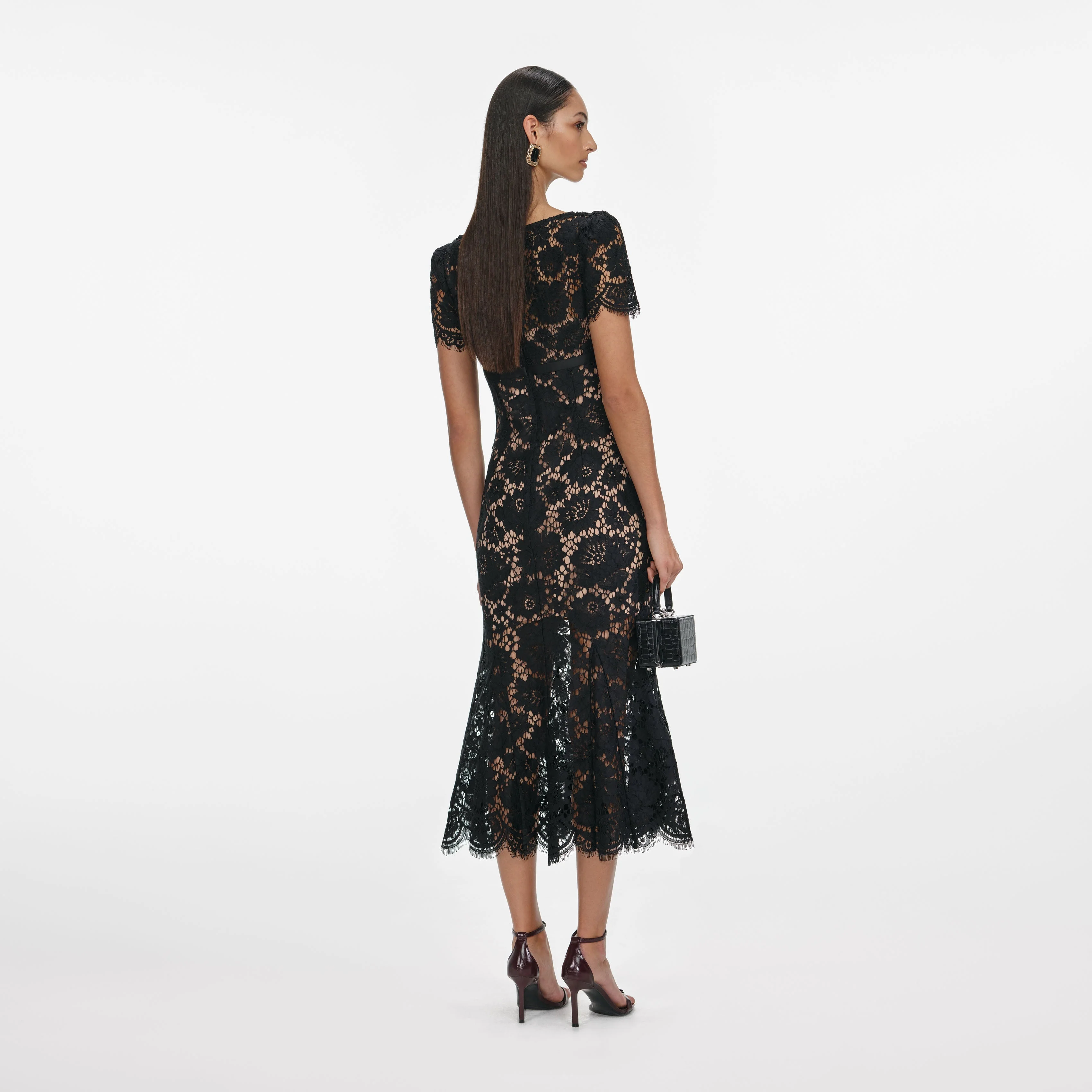 Black Floral Lace Midi Dress - Image 3