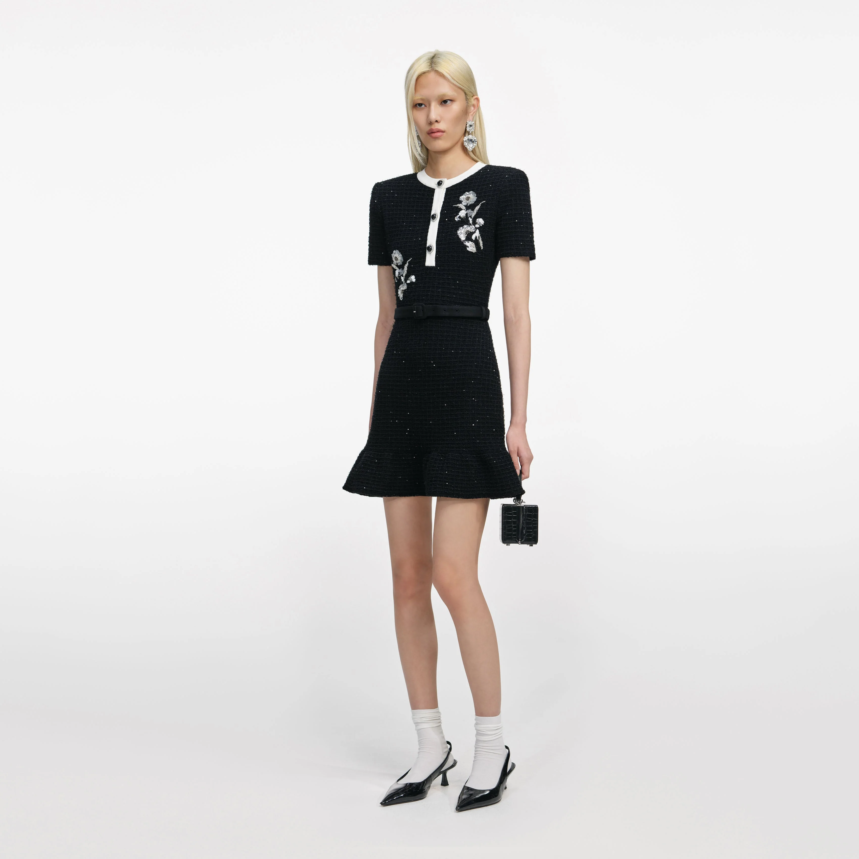 Black Floral Textured Knit Mini Dress - Image 2