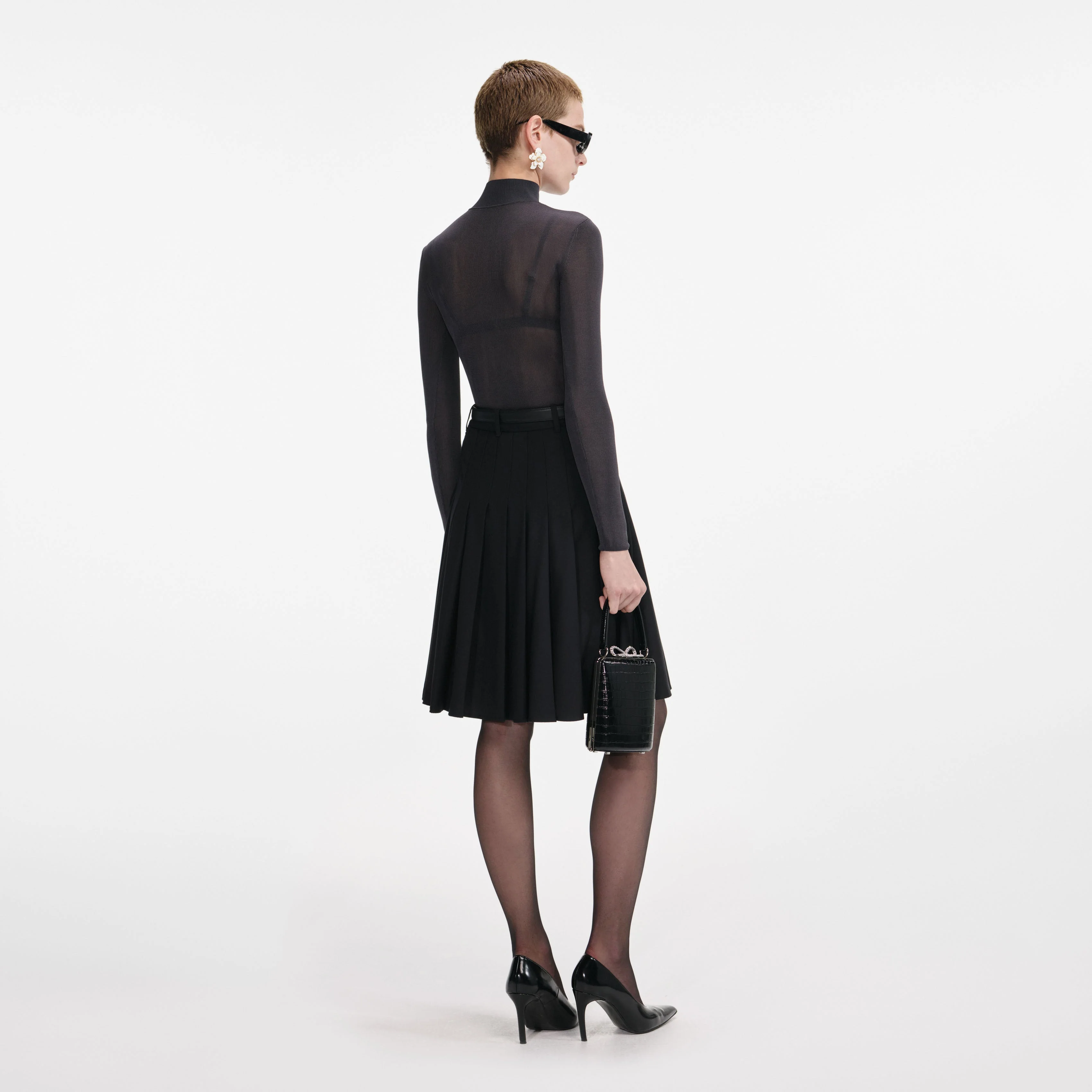 Black Pleated Twill Midi Skirt - Image 3