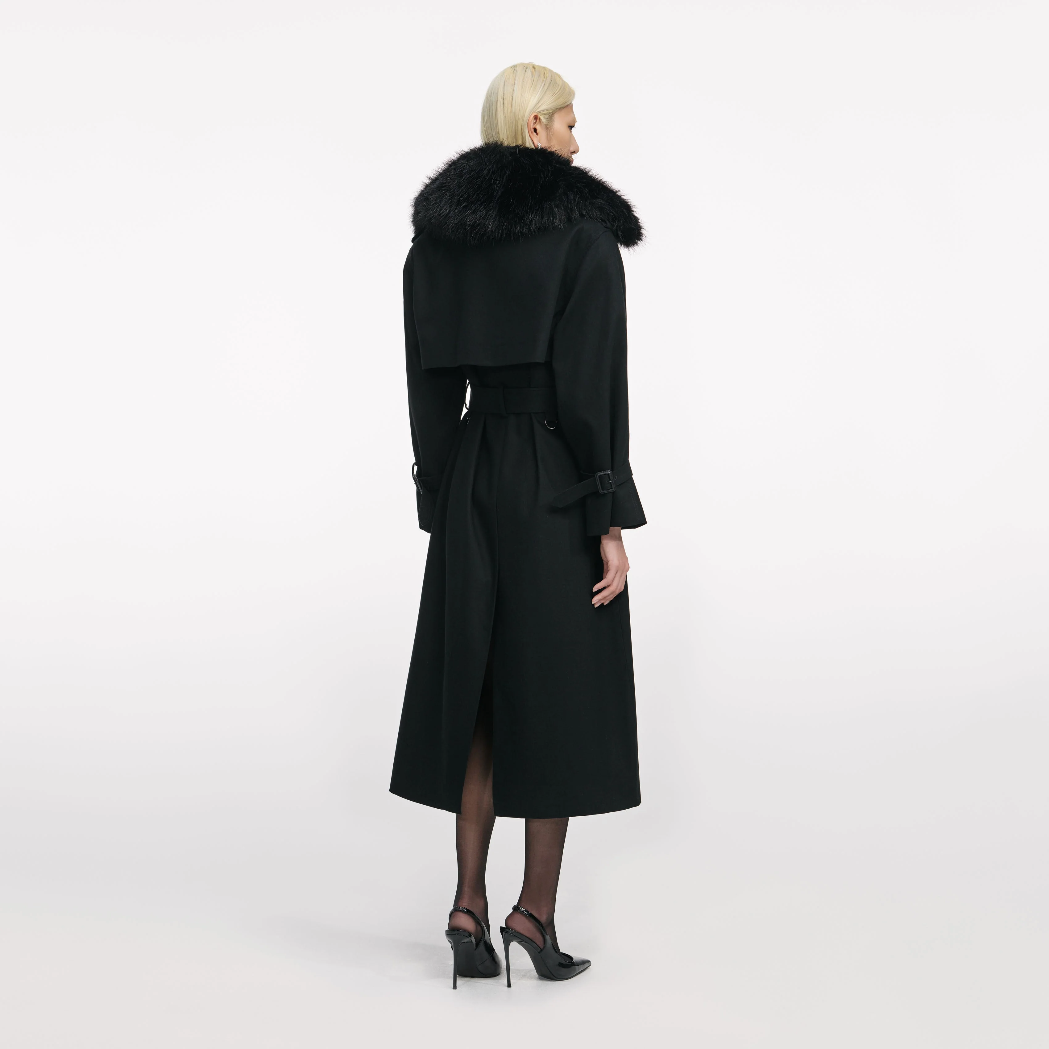 Black Twill Fur Collar Trench Coat - Image 3
