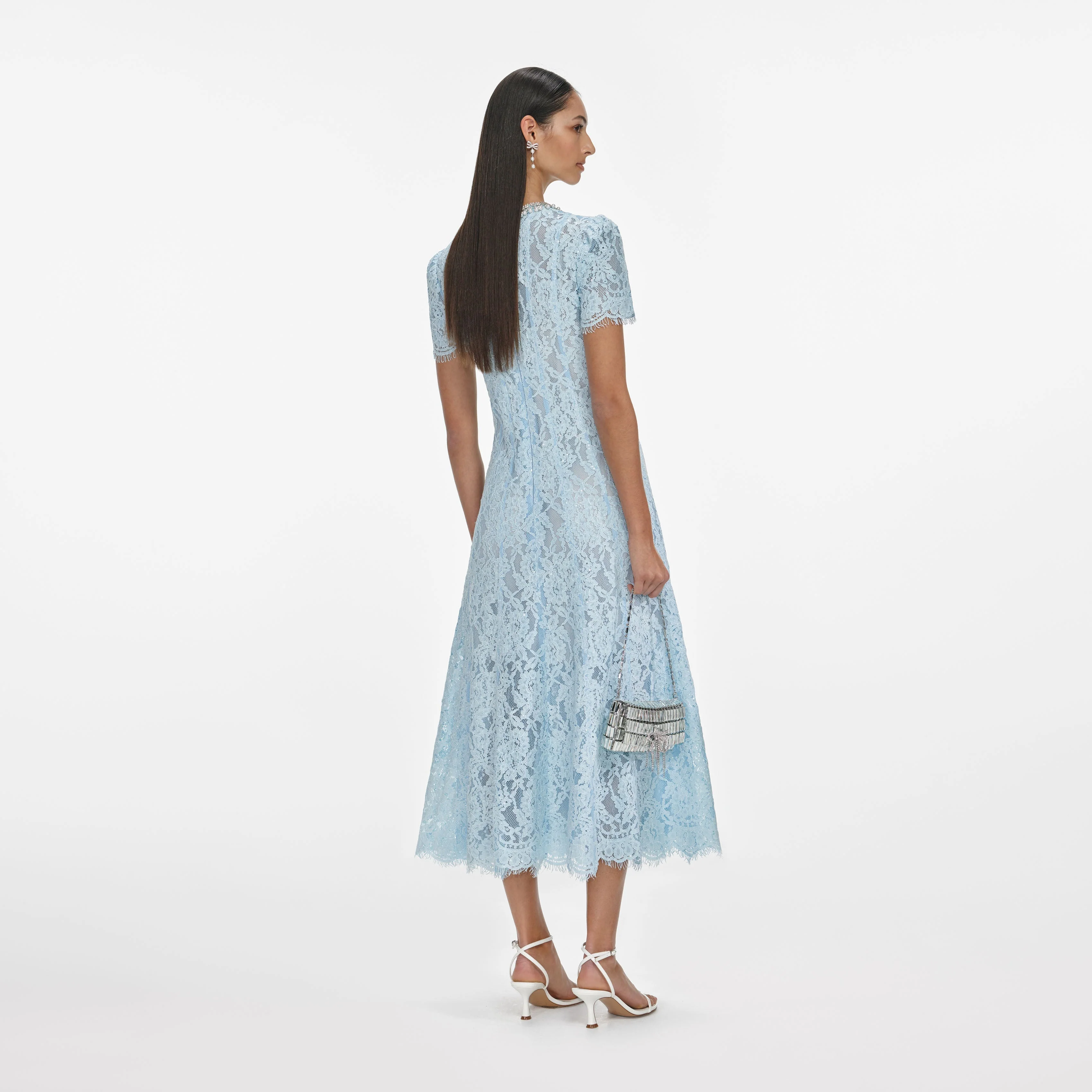 Blue Lace Embellished Midi Dress - Image 3
