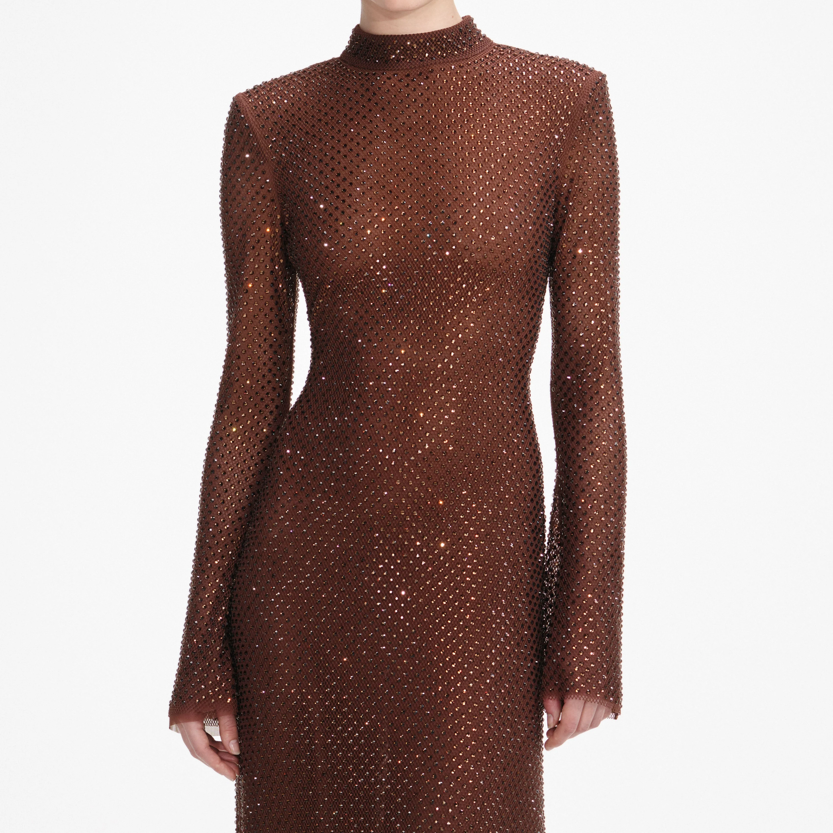 Brown Rhinestone Mesh Maxi Dress - Image 4