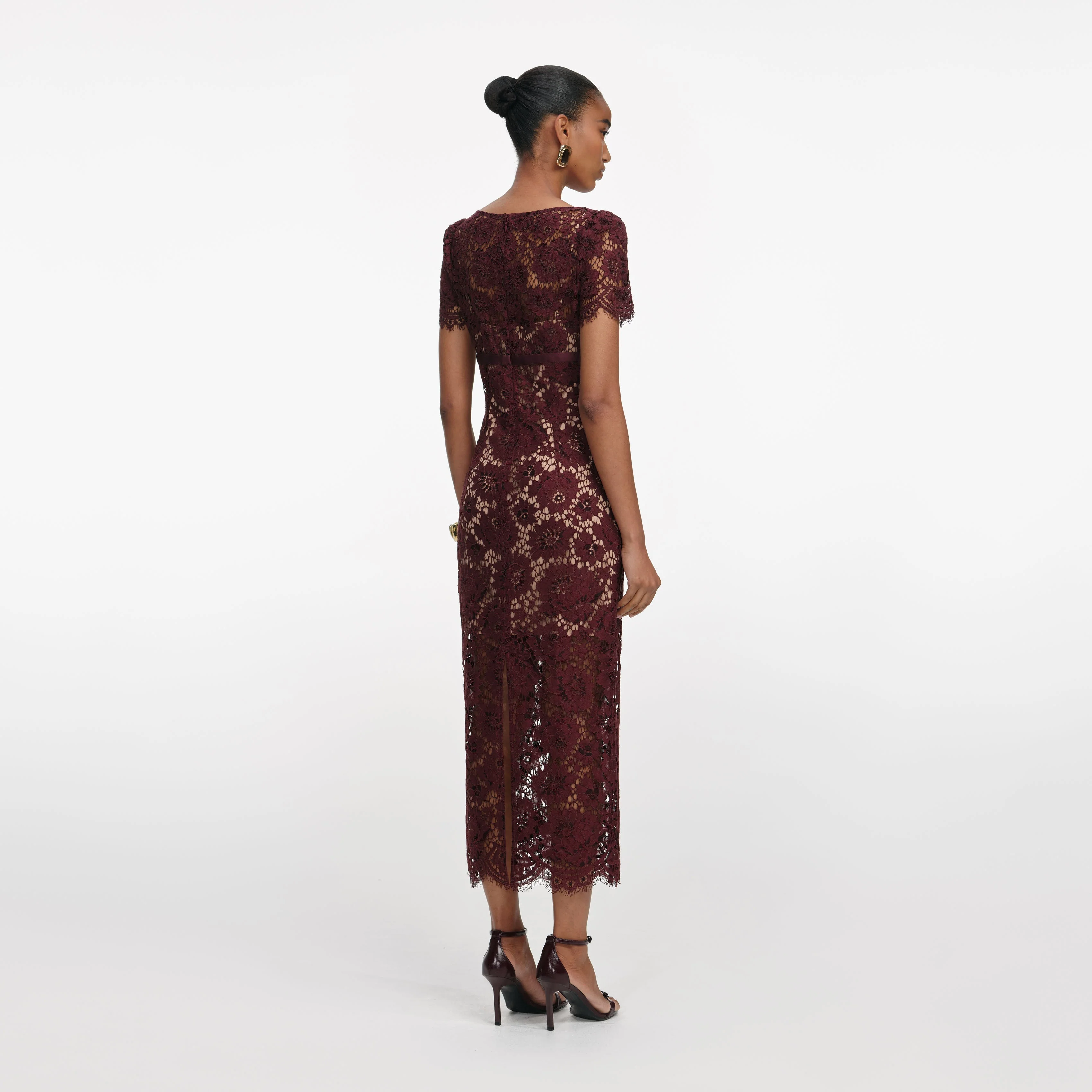 Burgundy Floral Lace Midi Dress - Image 3