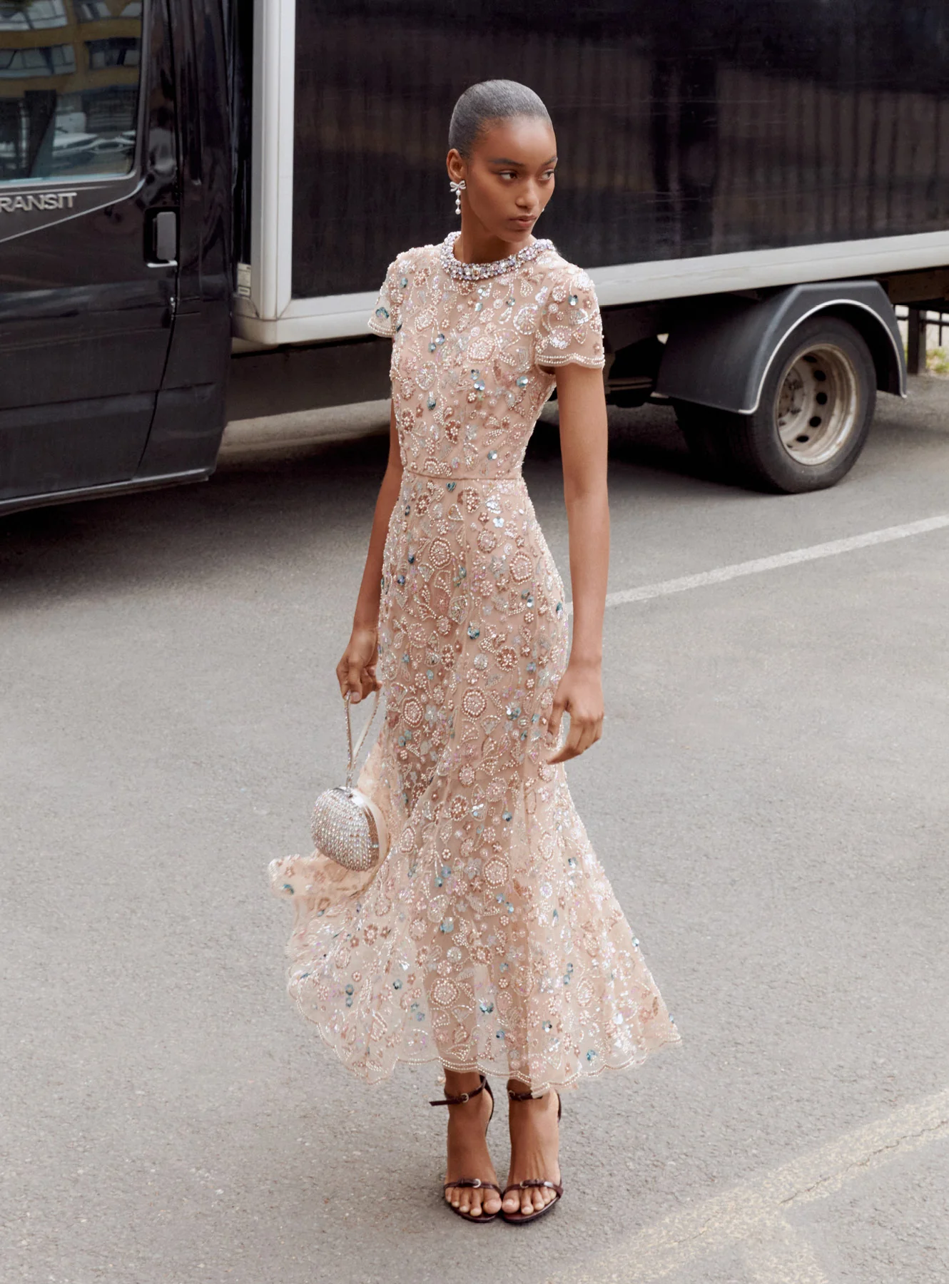 Champagne Sequin Embroidered Midi Dress - Image 6