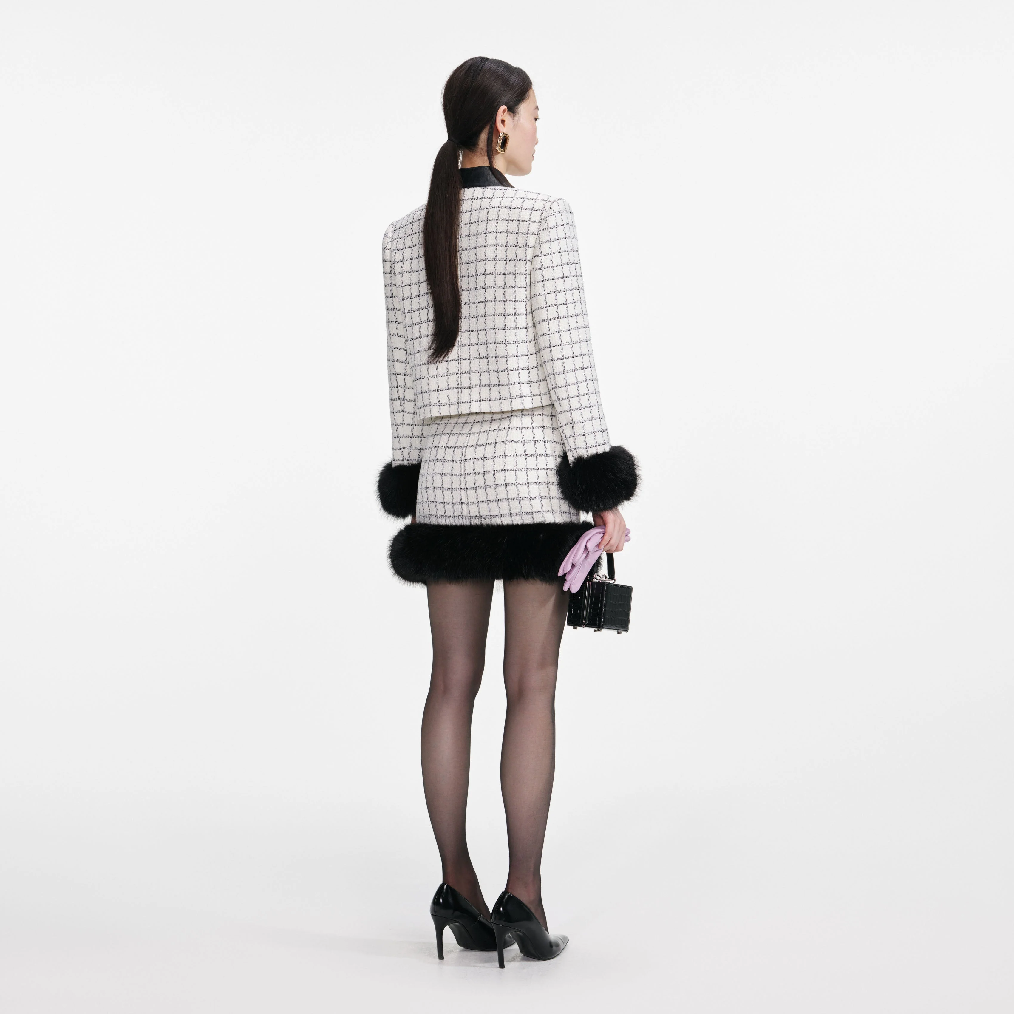 Check Boucle Fur Cuff Jacket - Image 3