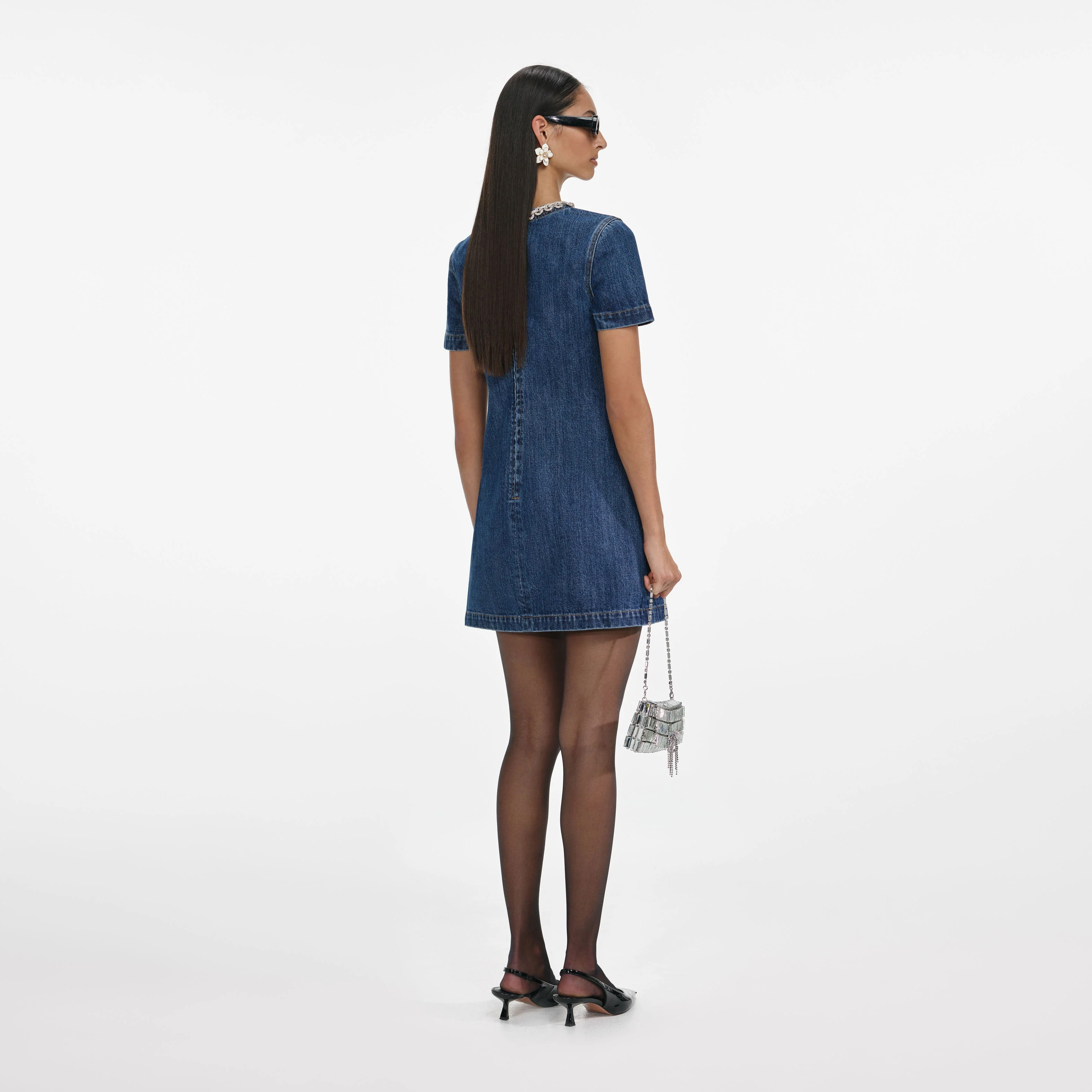 Denim Crystal Trim Mini Dress - Image 3