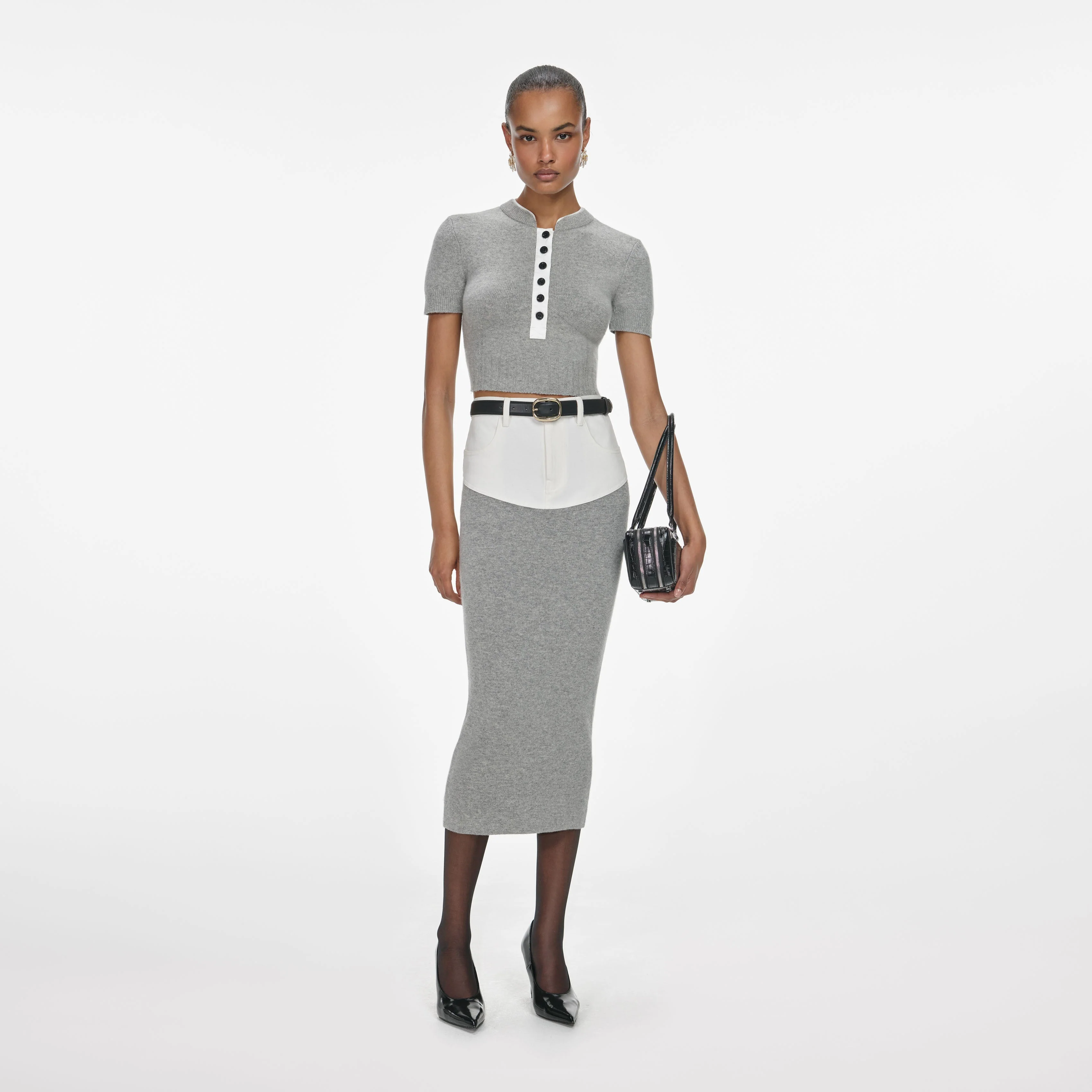 Grey Knit Denim Insert Midi Skirt