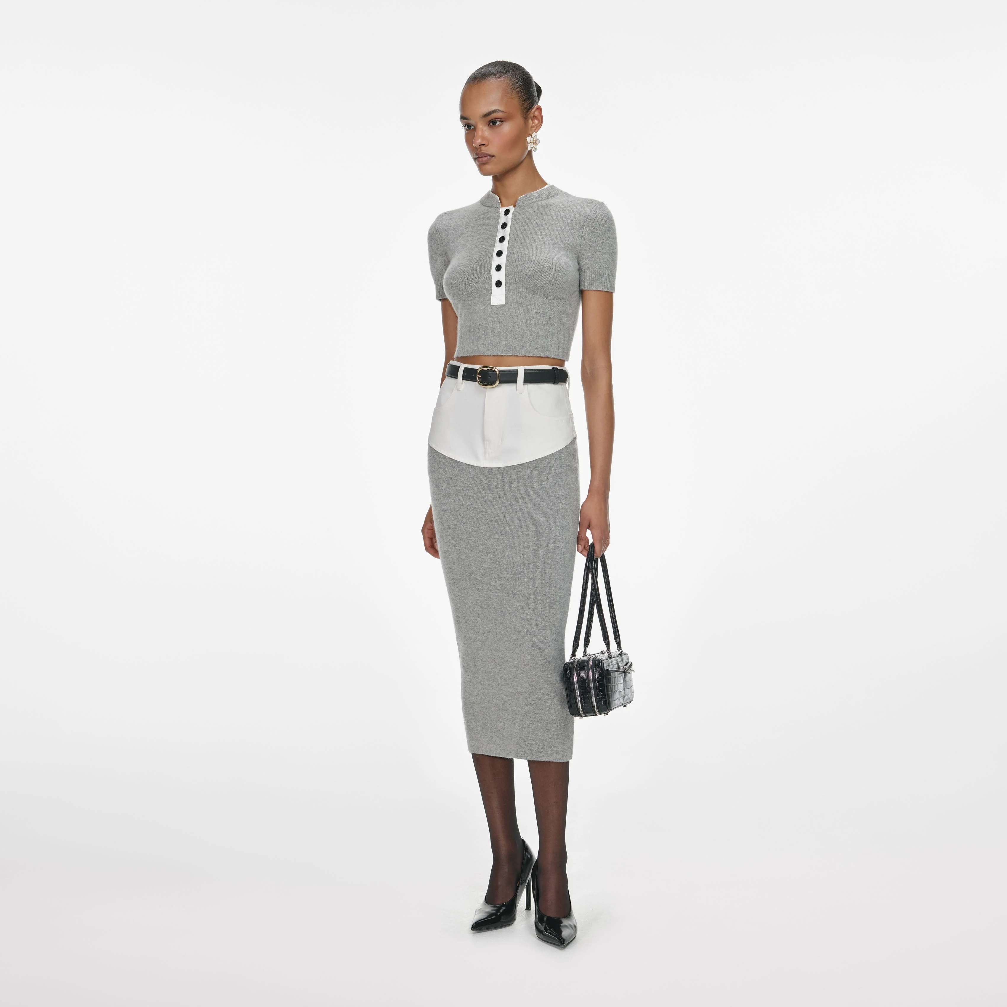 Grey Knit Denim Insert Midi Skirt - Image 2