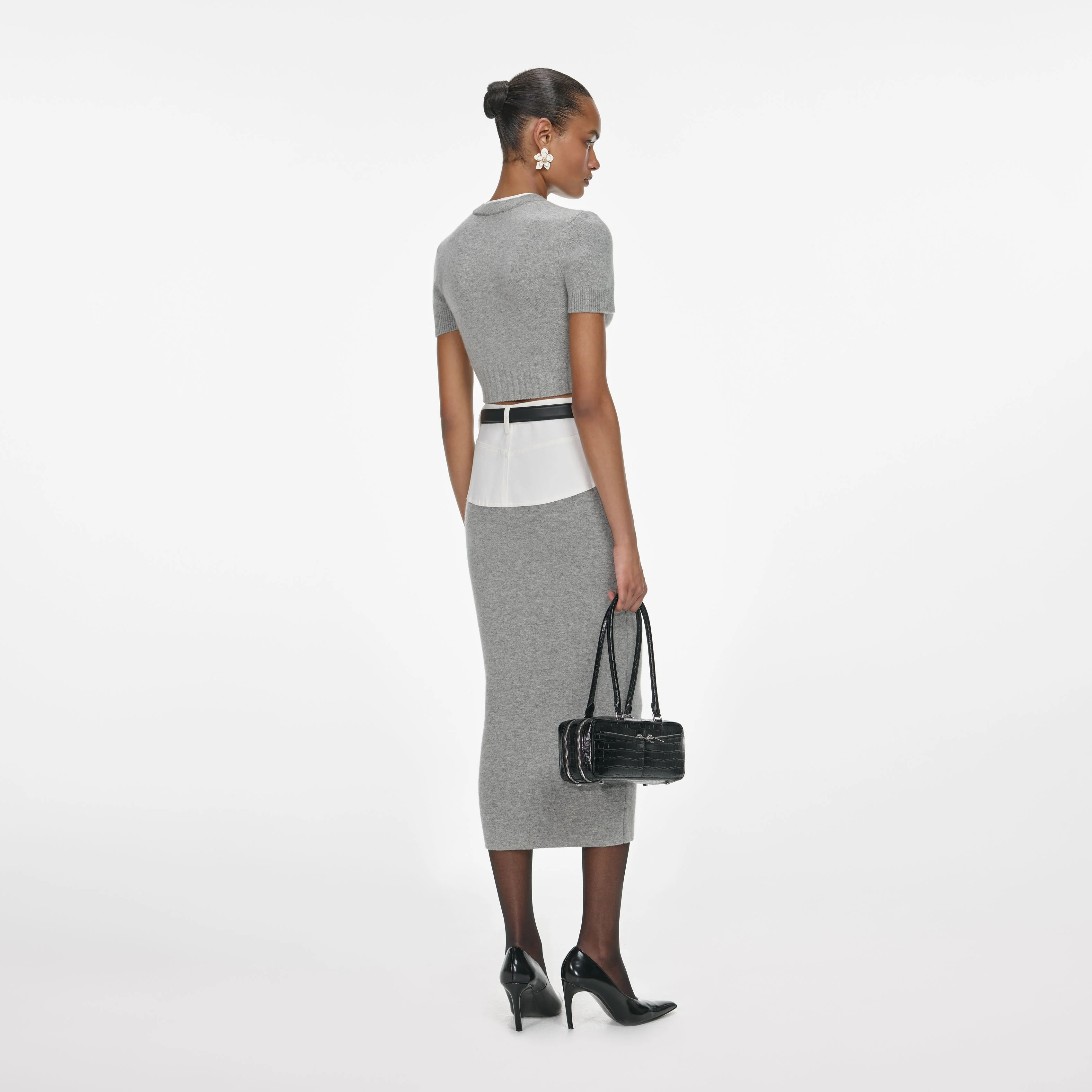 Grey Knit Denim Insert Midi Skirt - Image 3