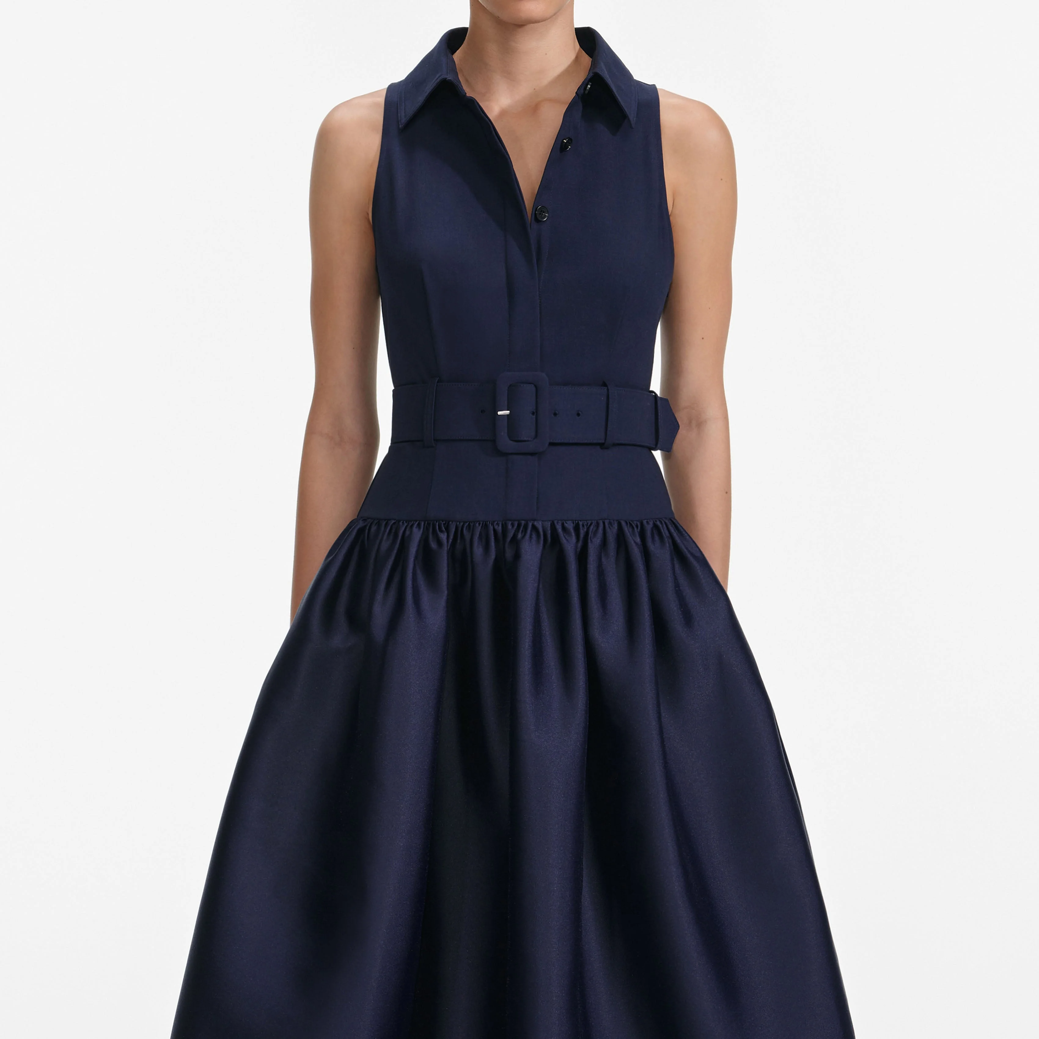 Navy Belted Twill Midi Dress - Image 4