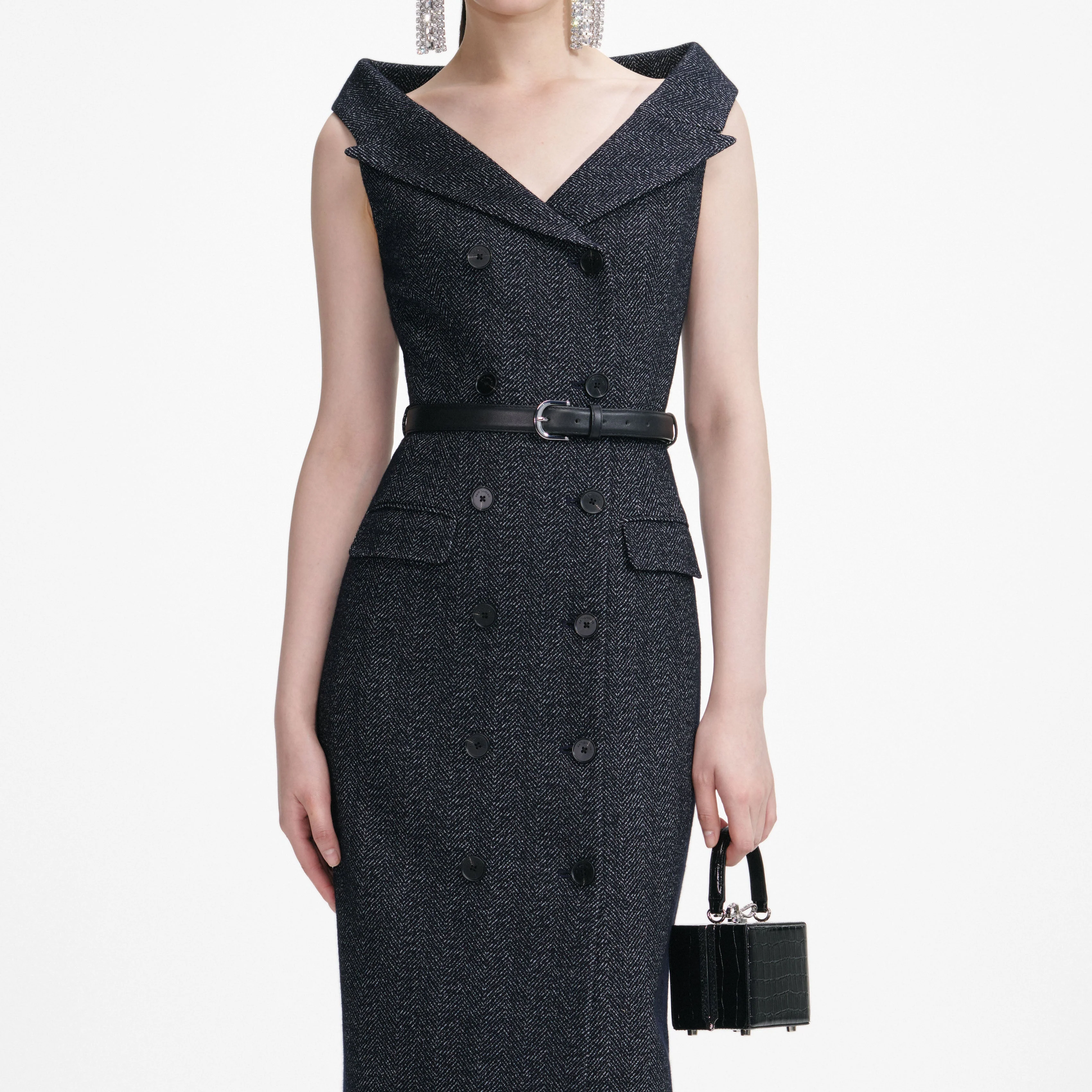 Navy Herringbone Wool Midi Dress - Image 4