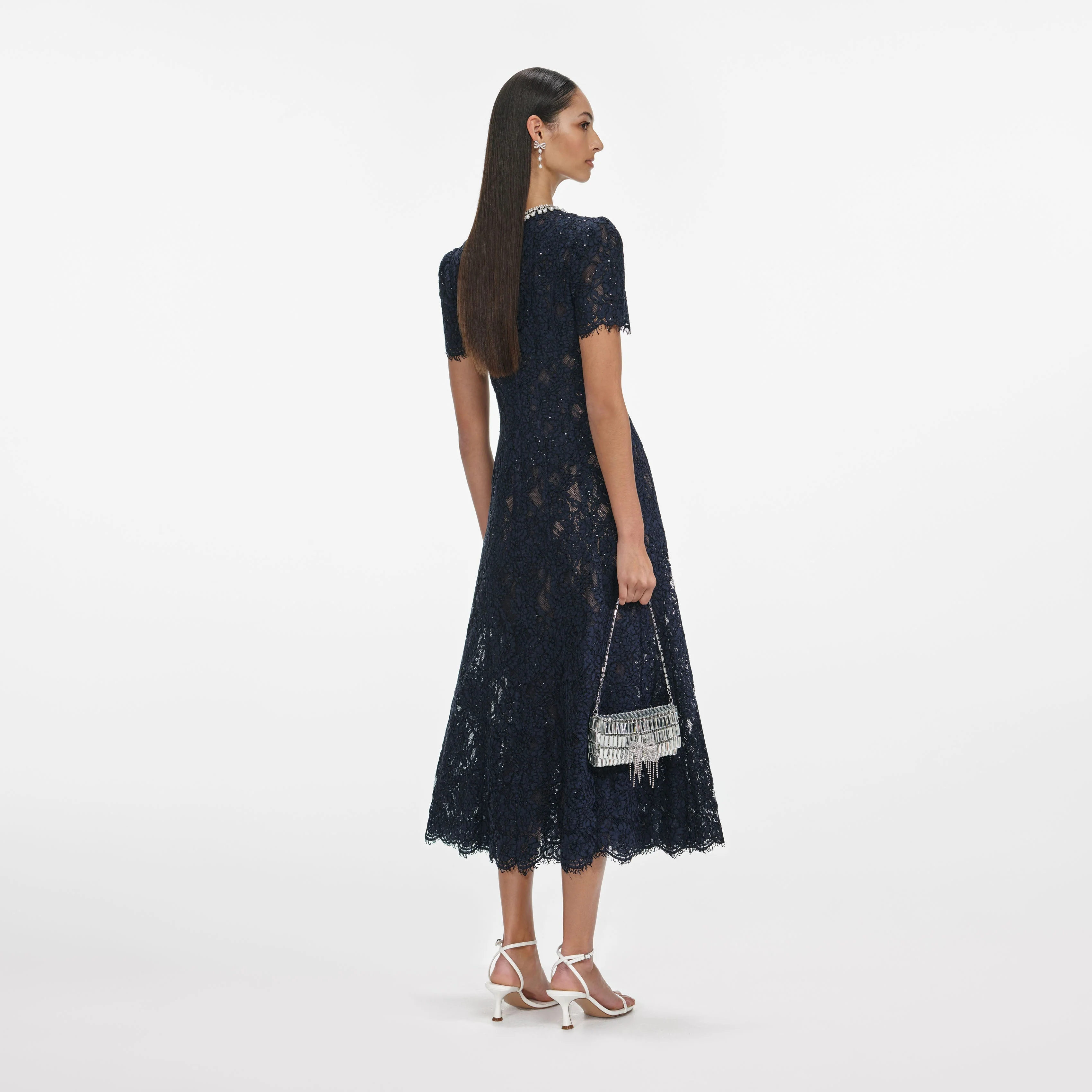 Navy Lace Embellished Midi Dress - Image 3