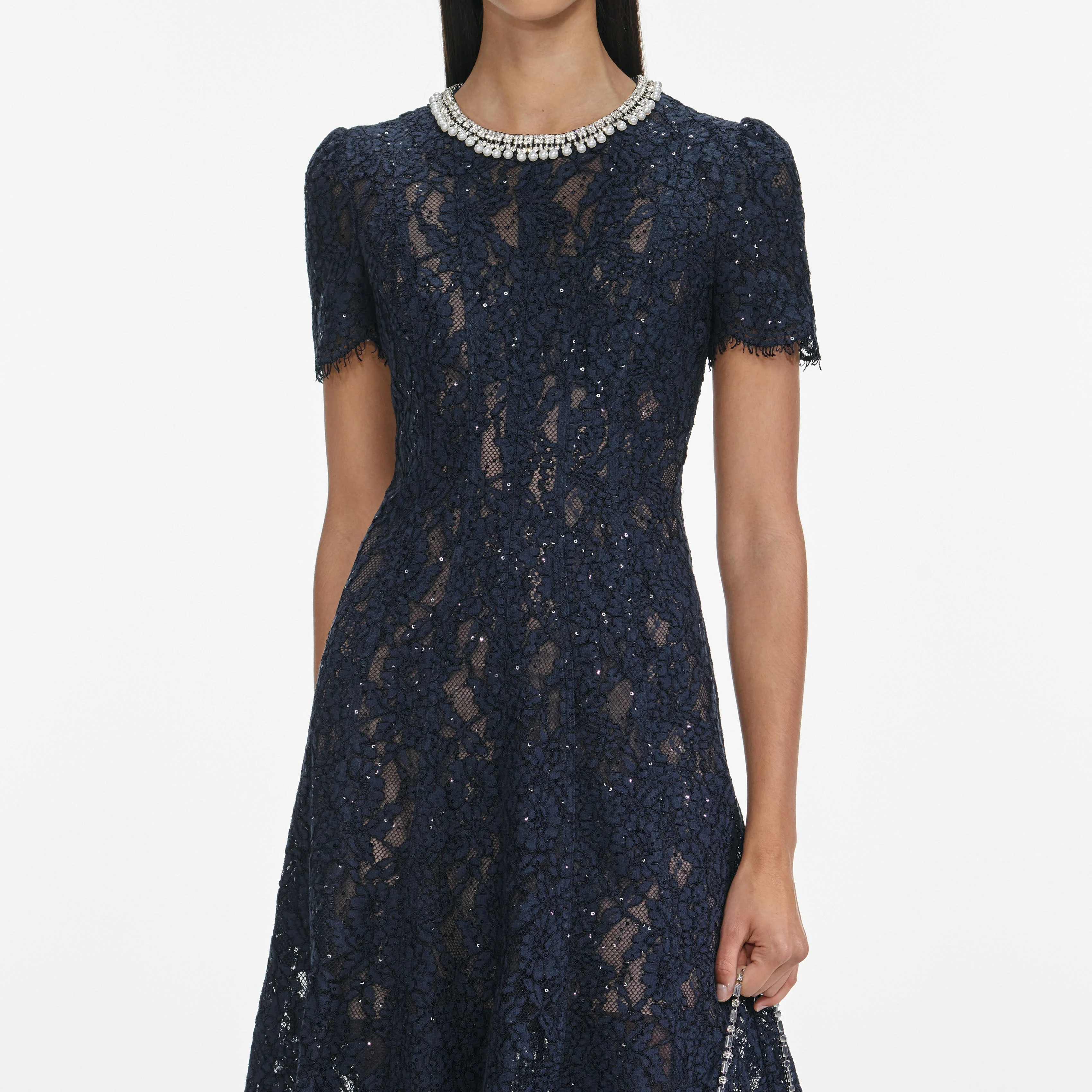 Navy Lace Embellished Midi Dress - Image 4