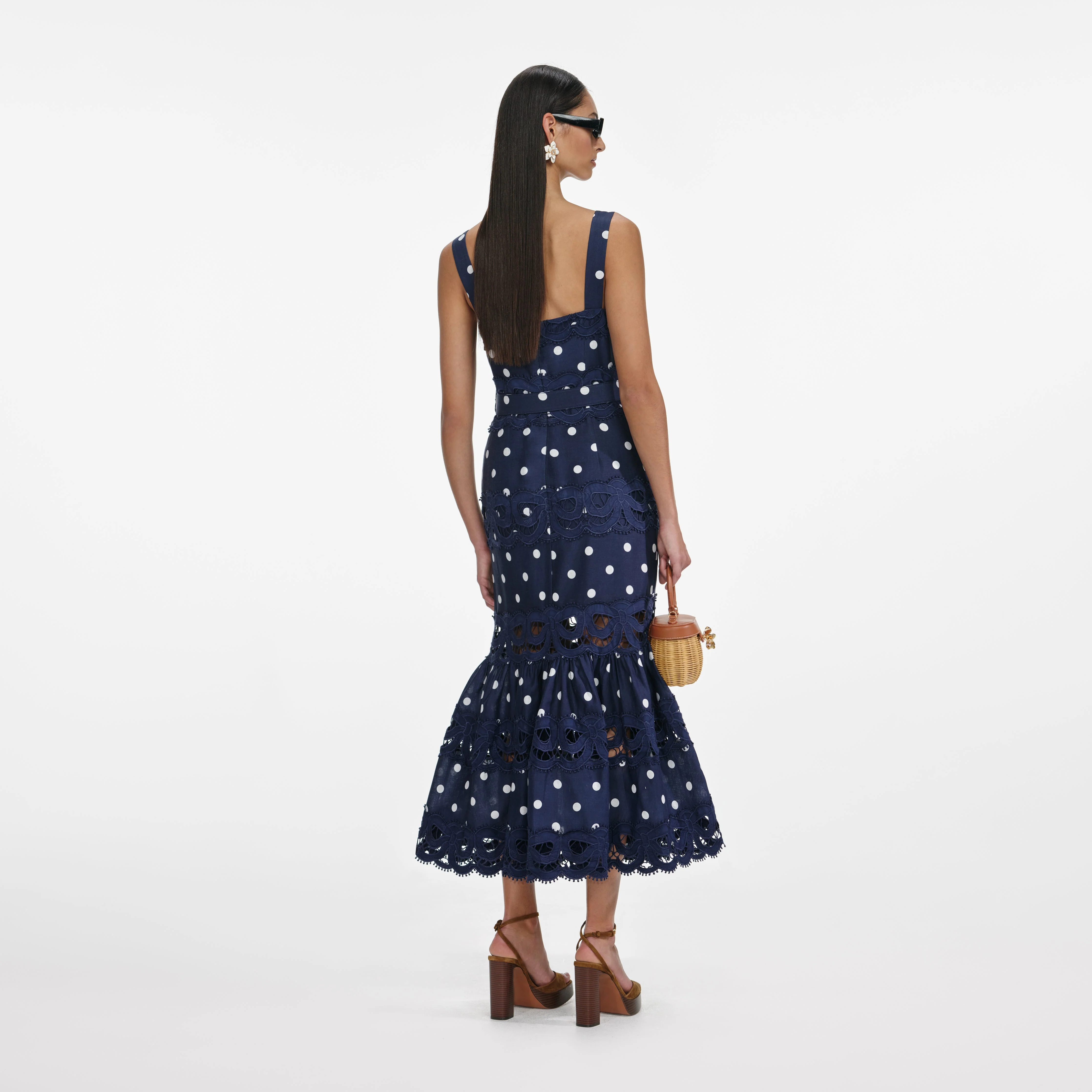 Navy Polka Dot Linen Midi Dress - Image 3