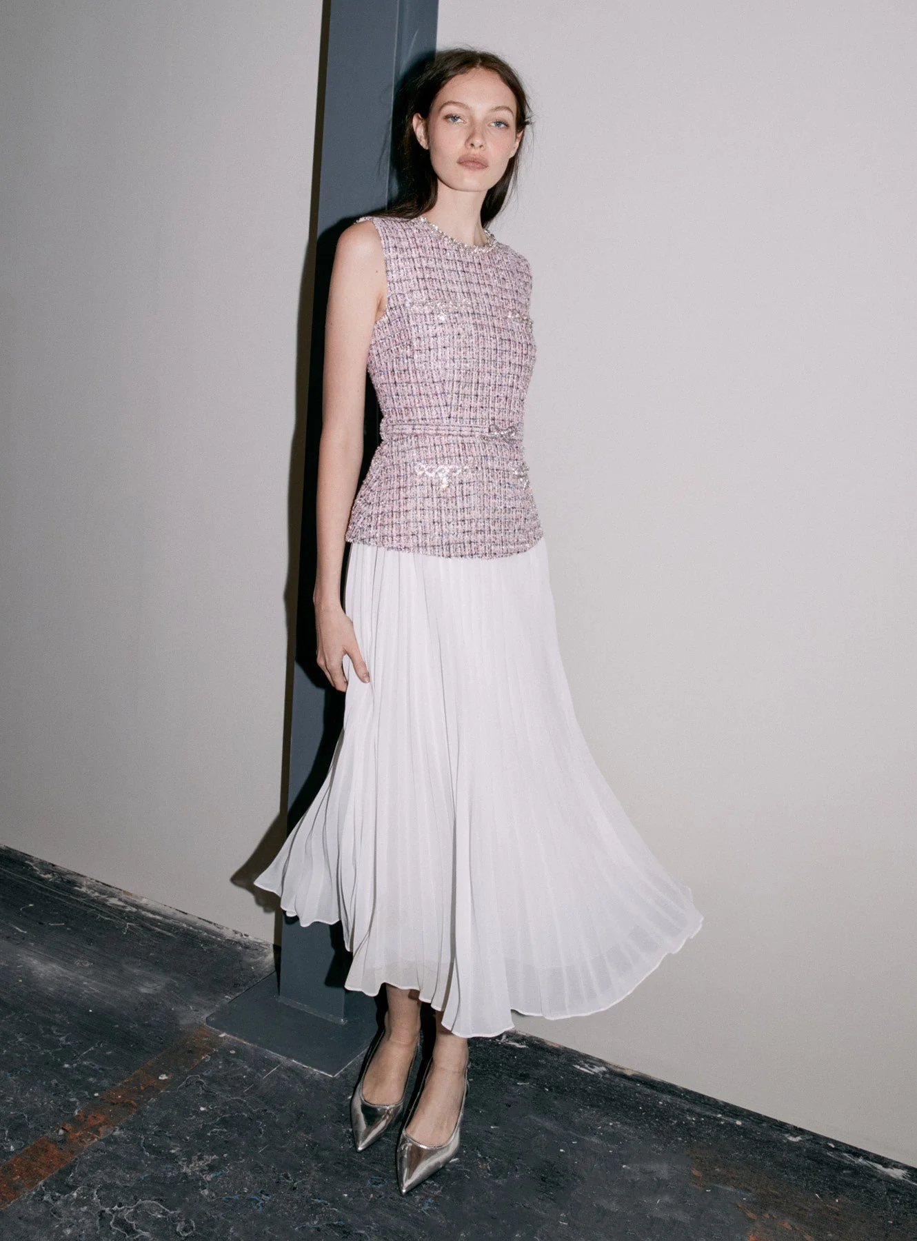 Pink Boucle Chiffon Midi Dress - Image 6