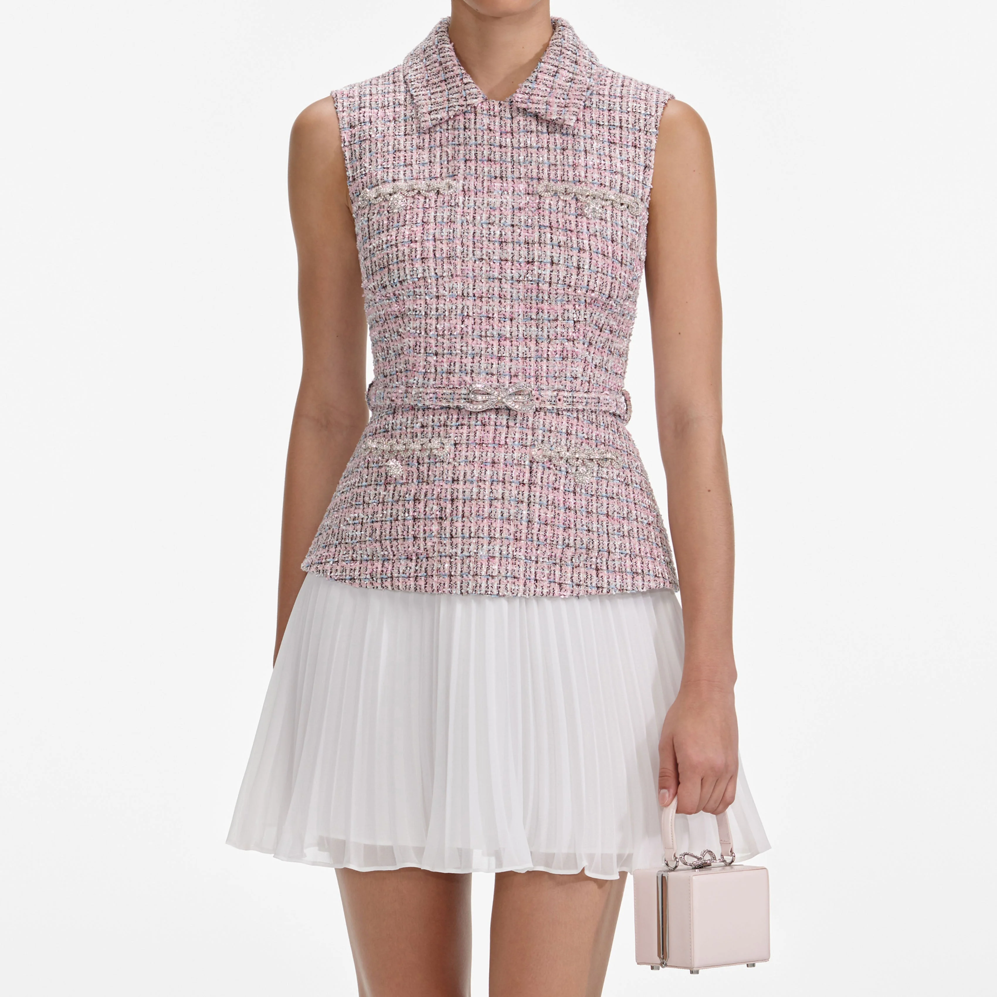 Pink Boucle Chiffon Mini Dress - Image 4