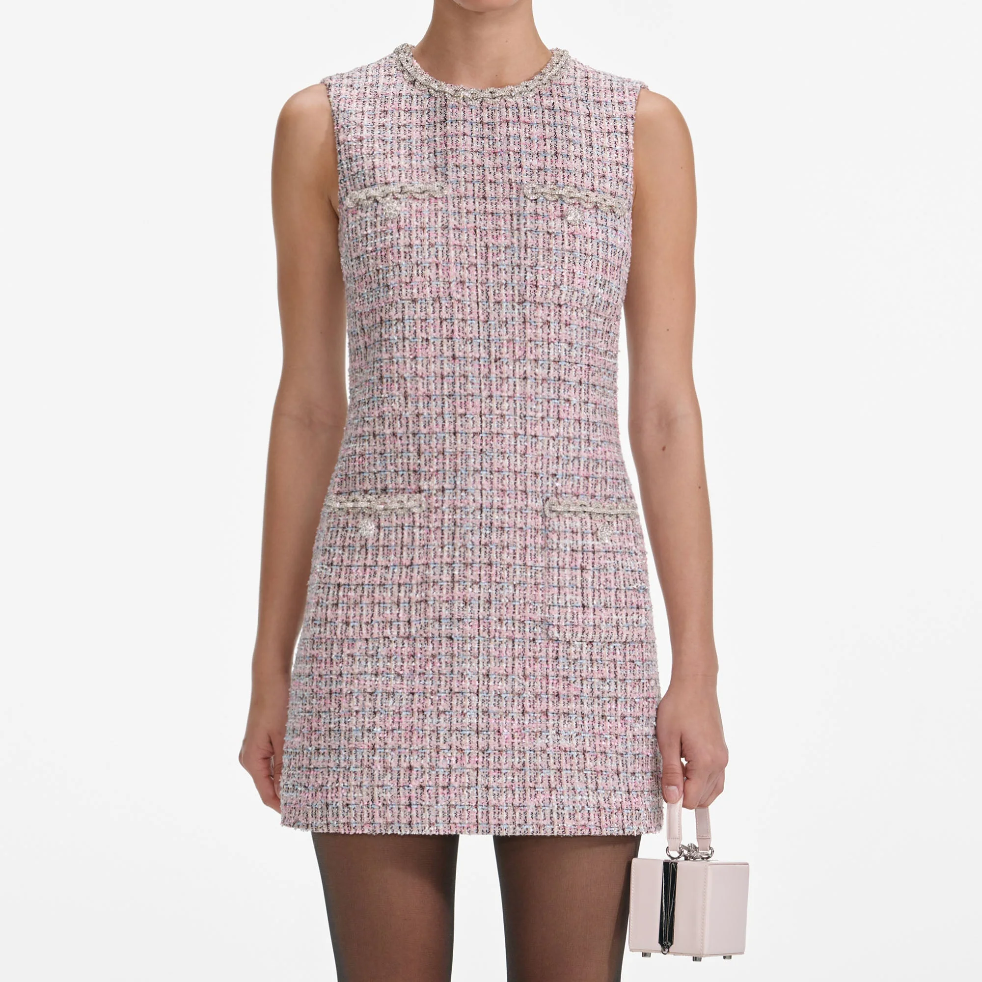 Pink Boucle Sleeveless Shift Mini Dress - Image 4