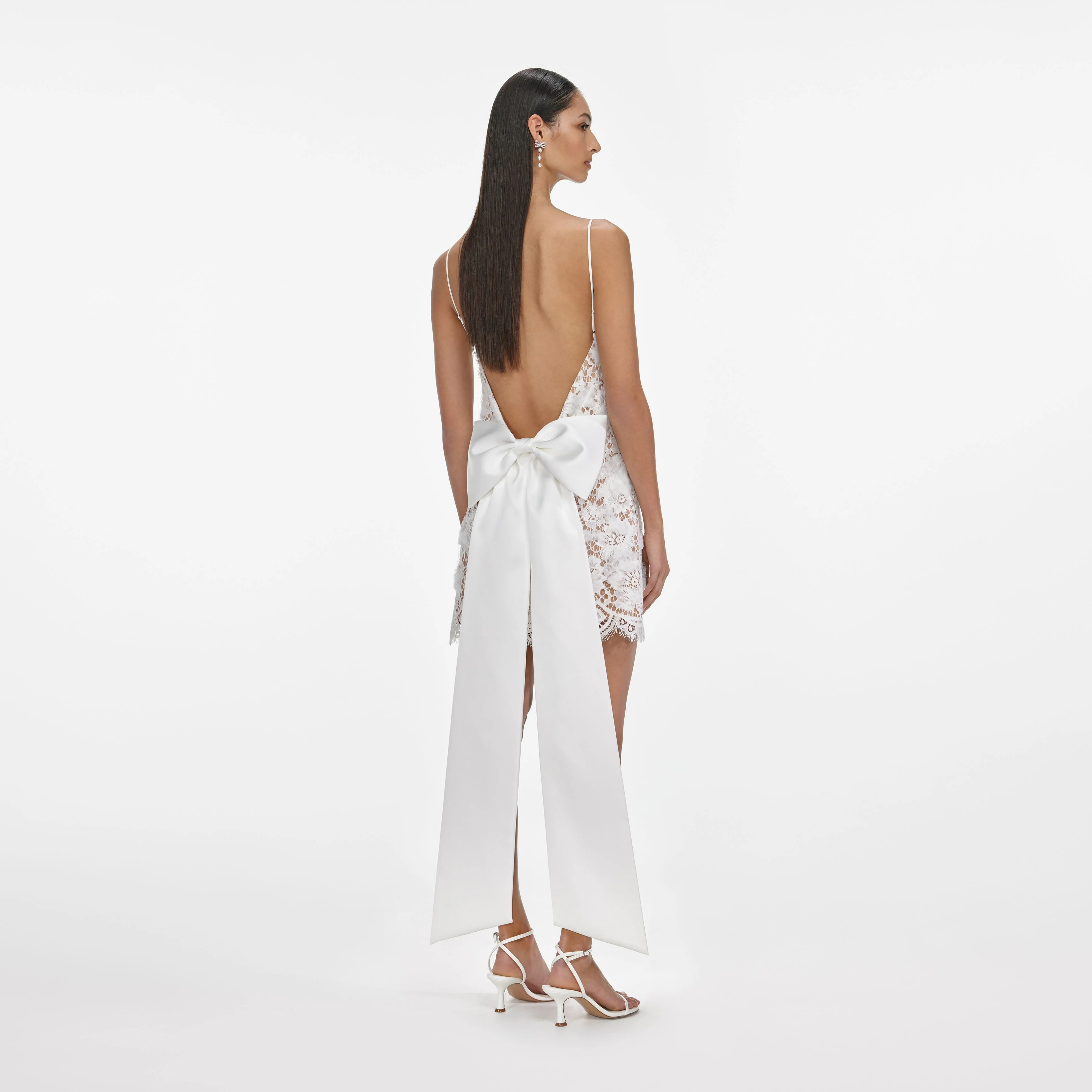 White Lace Satin Bow Mini Dress - Image 3