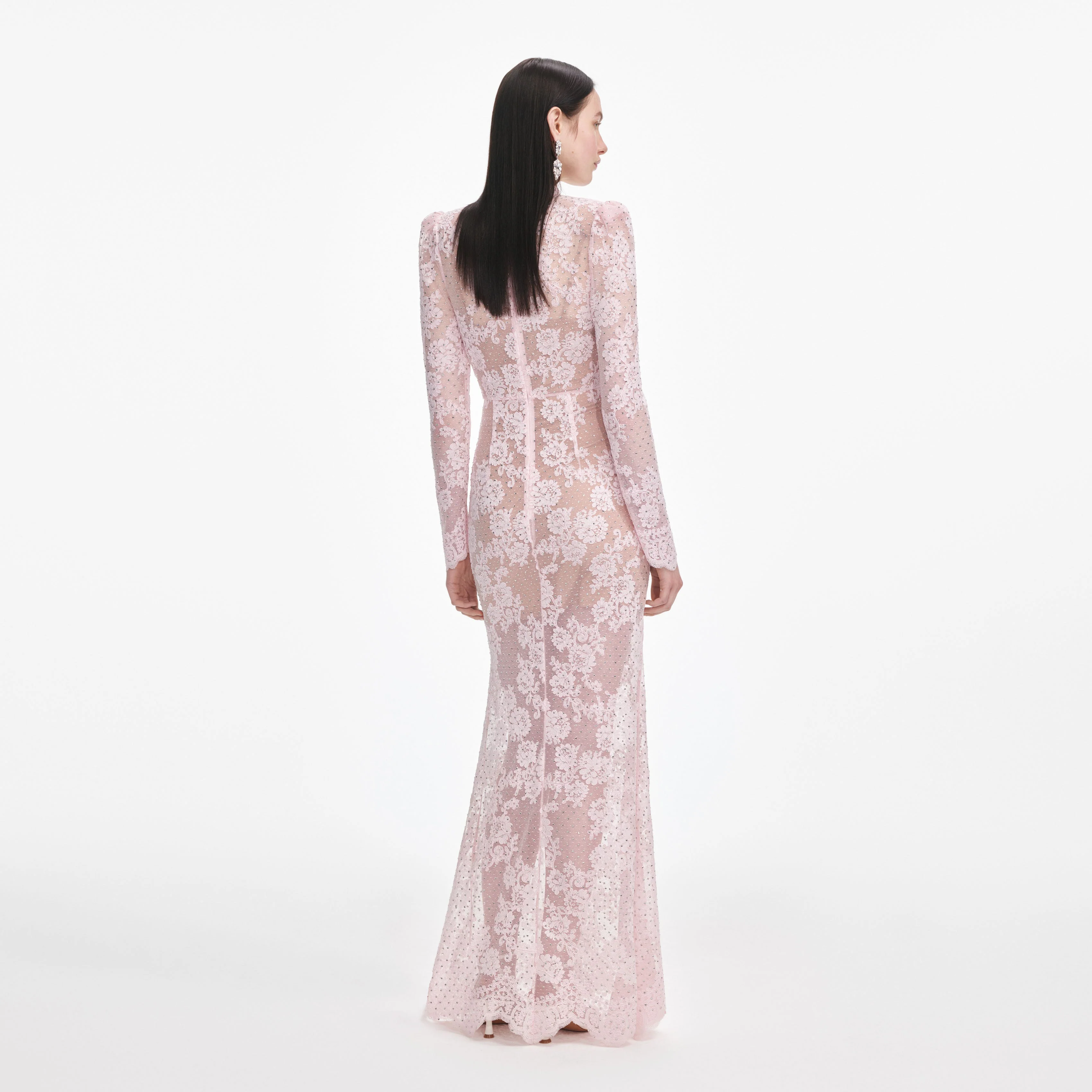 Pale Pink Rhinestone Lace Maxi Dress - Image 3