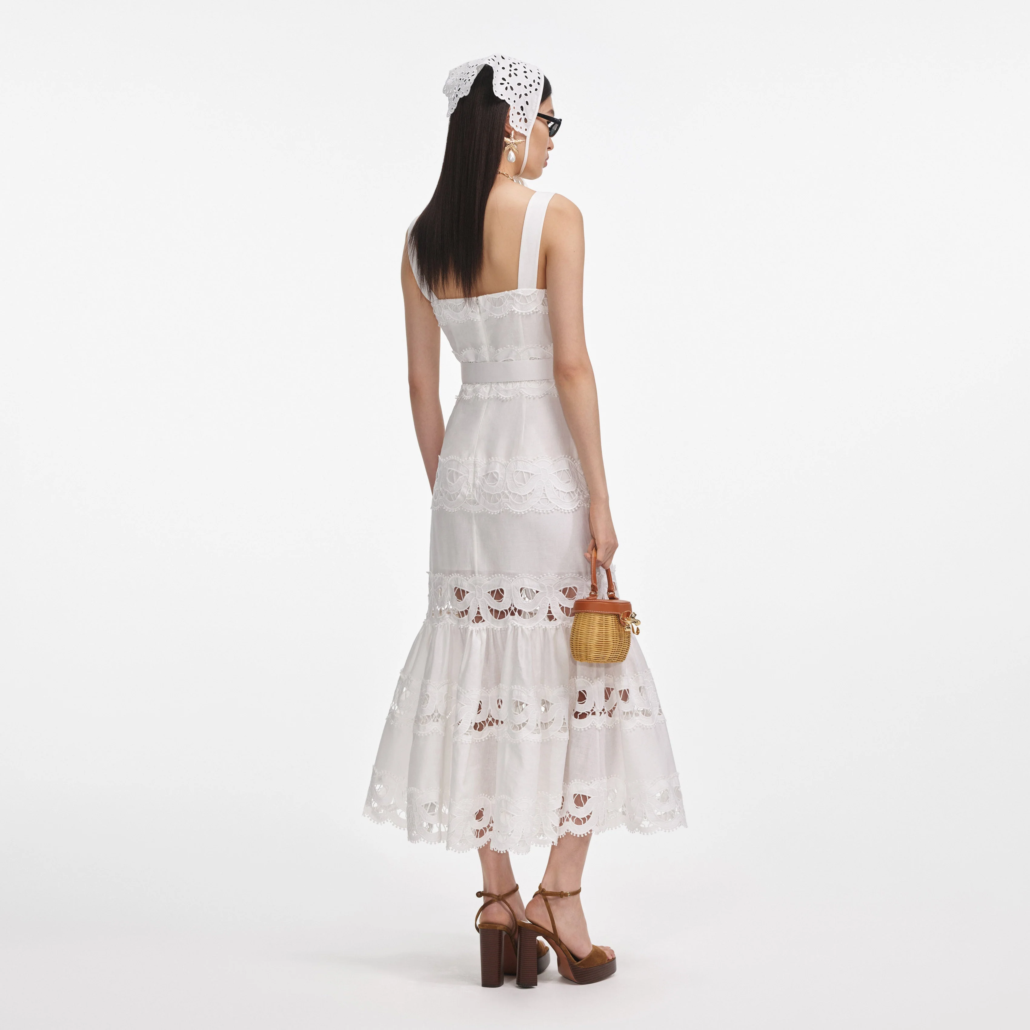White Linen Lace Insert Midi Dress - Image 3
