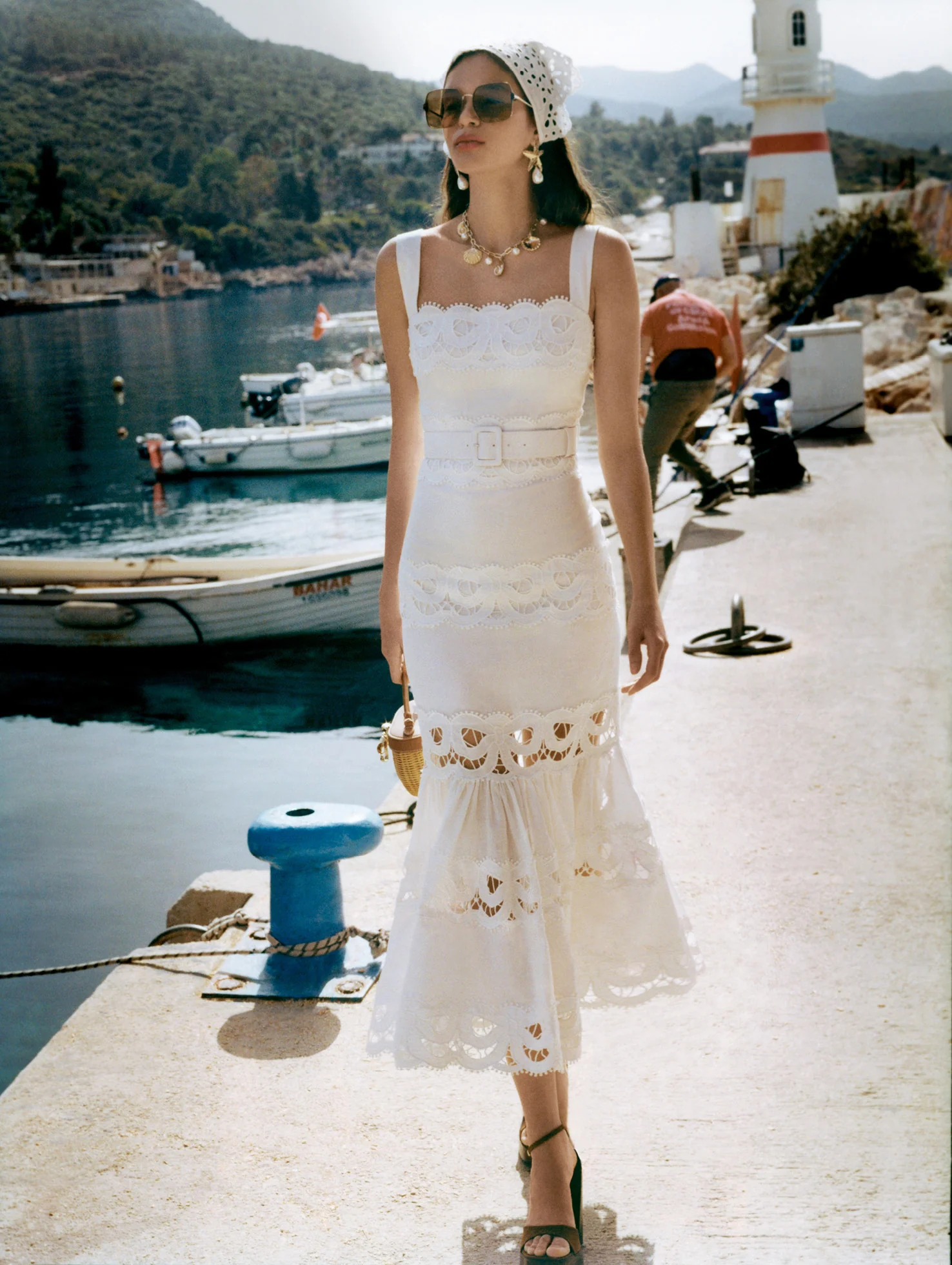 White Linen Lace Insert Midi Dress - Image 6