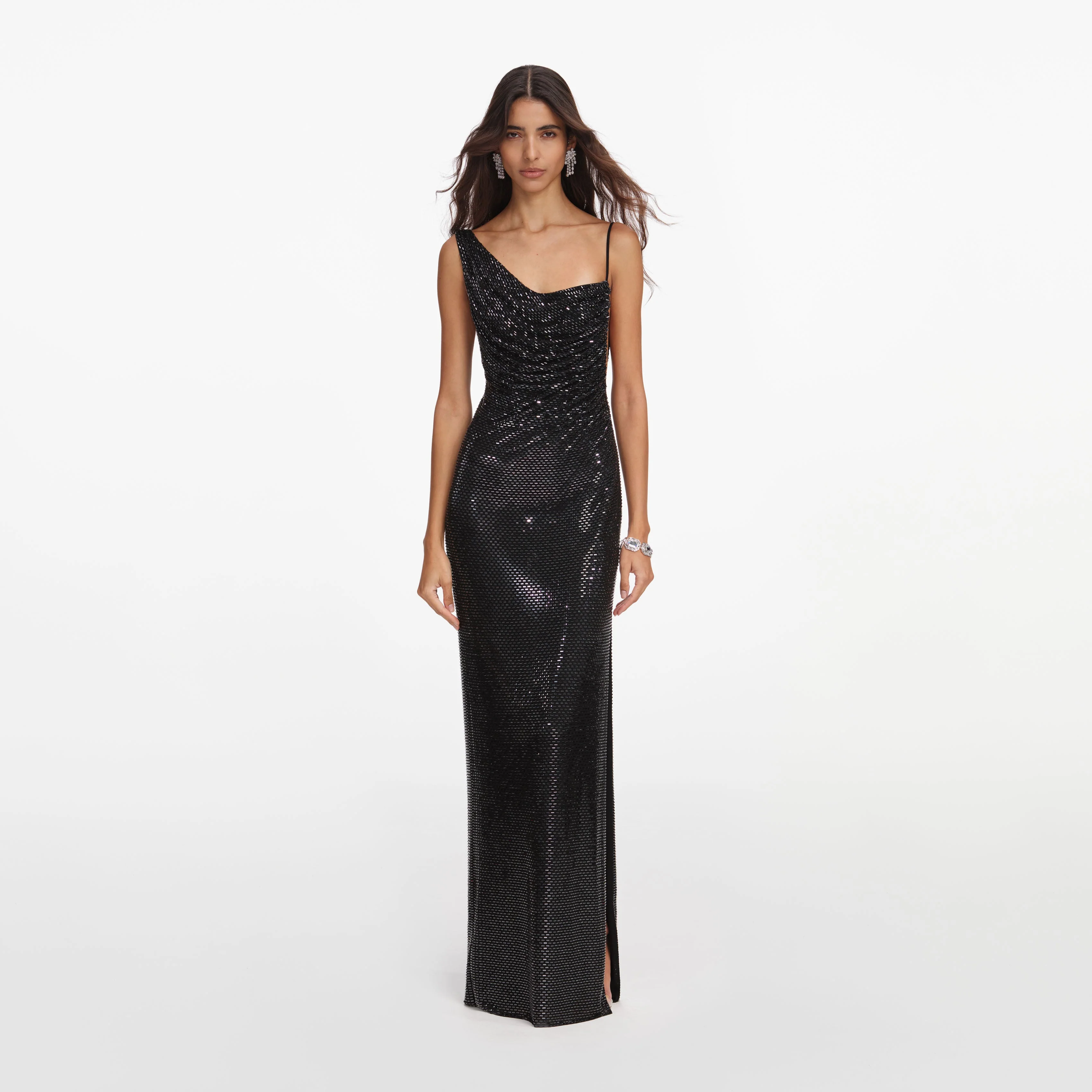 Black Rhinestone Draped Maxi Dress
