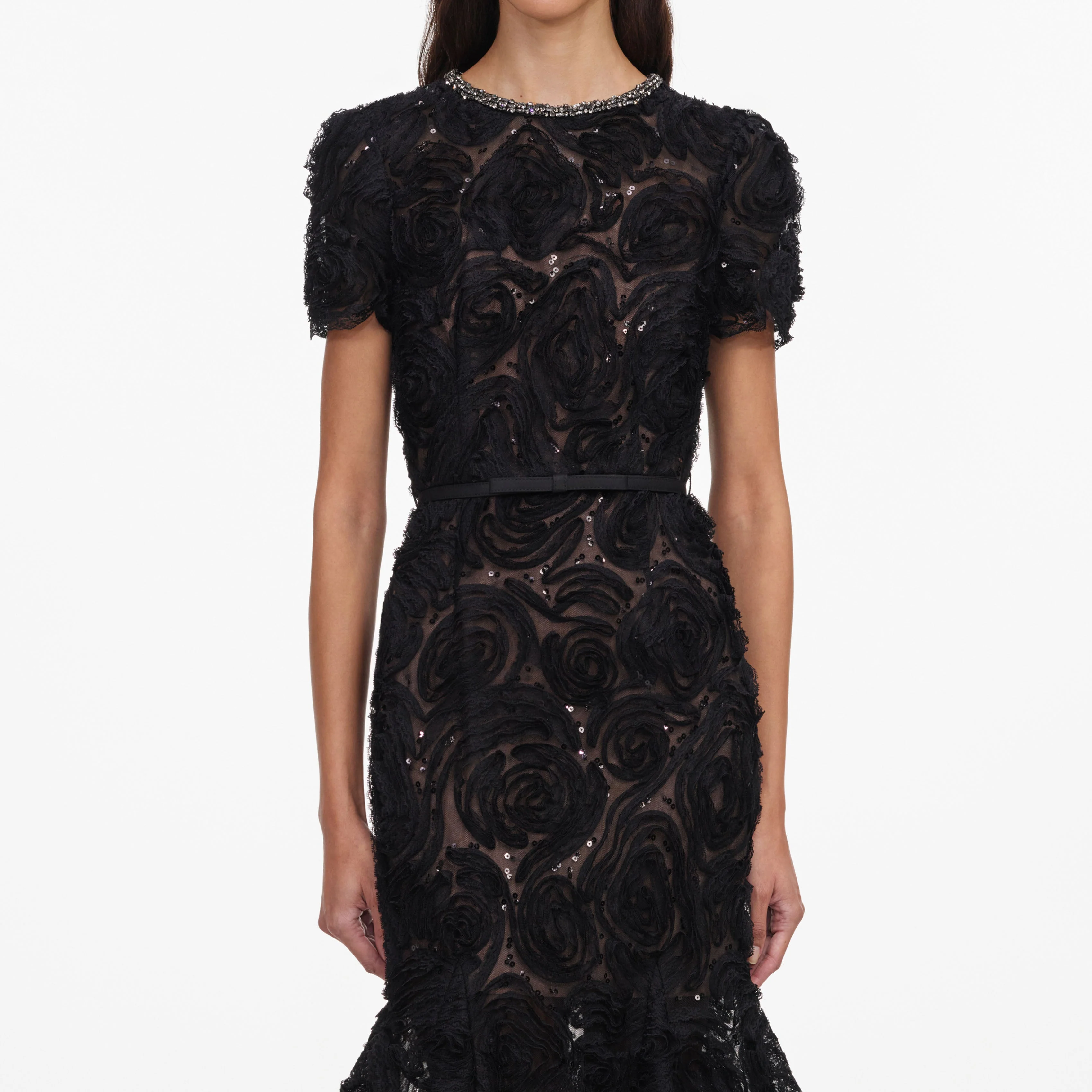 Black Tulle Lace Sequin Midi Dress - Image 4