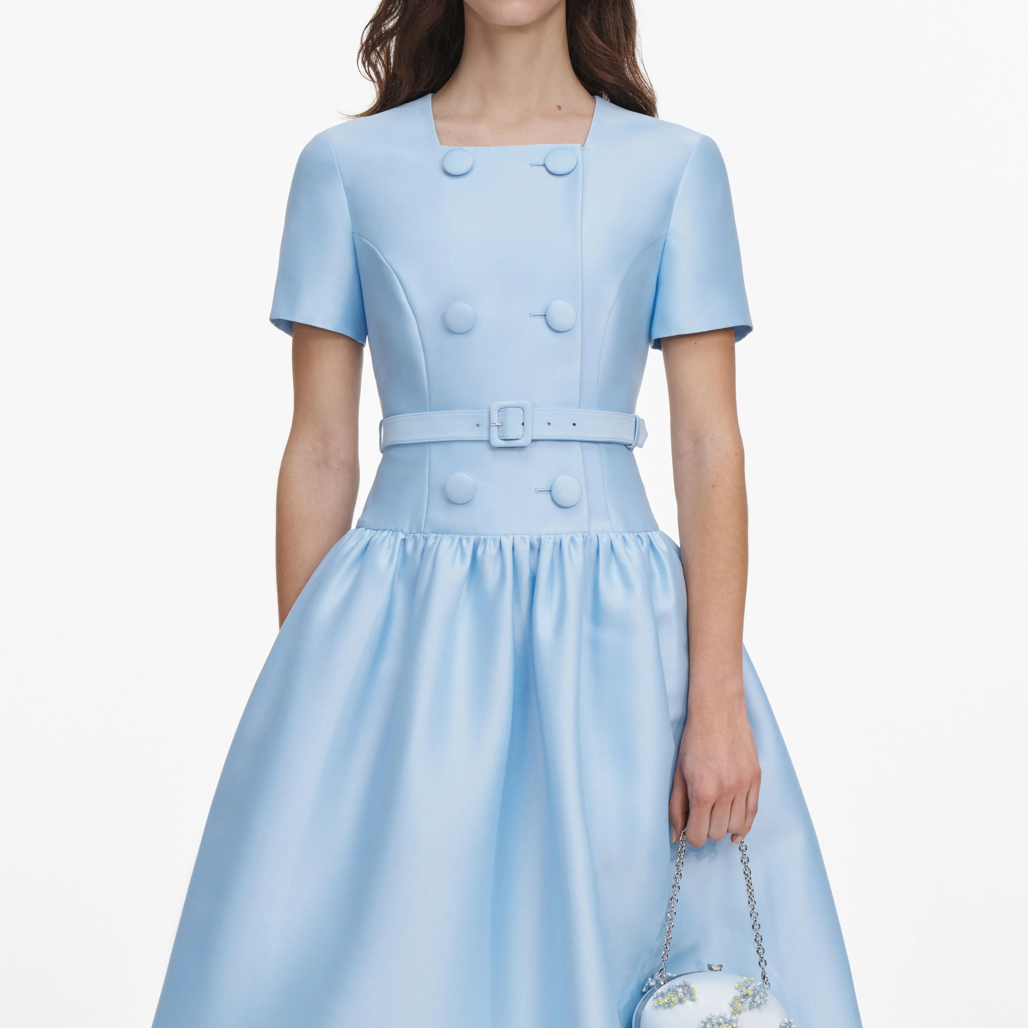 Blue Button Front Taffeta Midi Dress - Image 4