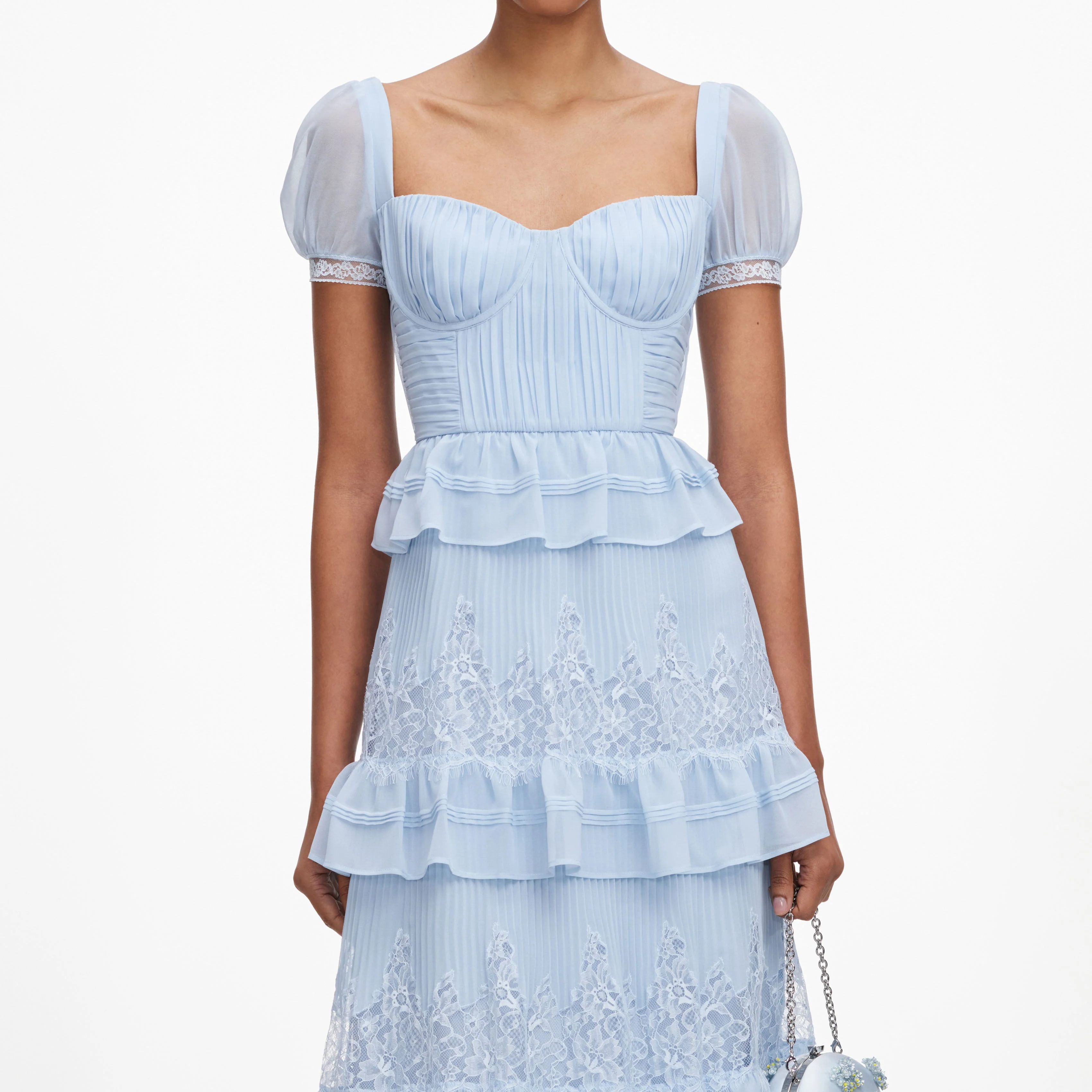 Blue Chiffon Short Sleeve Midi Dress - Image 4