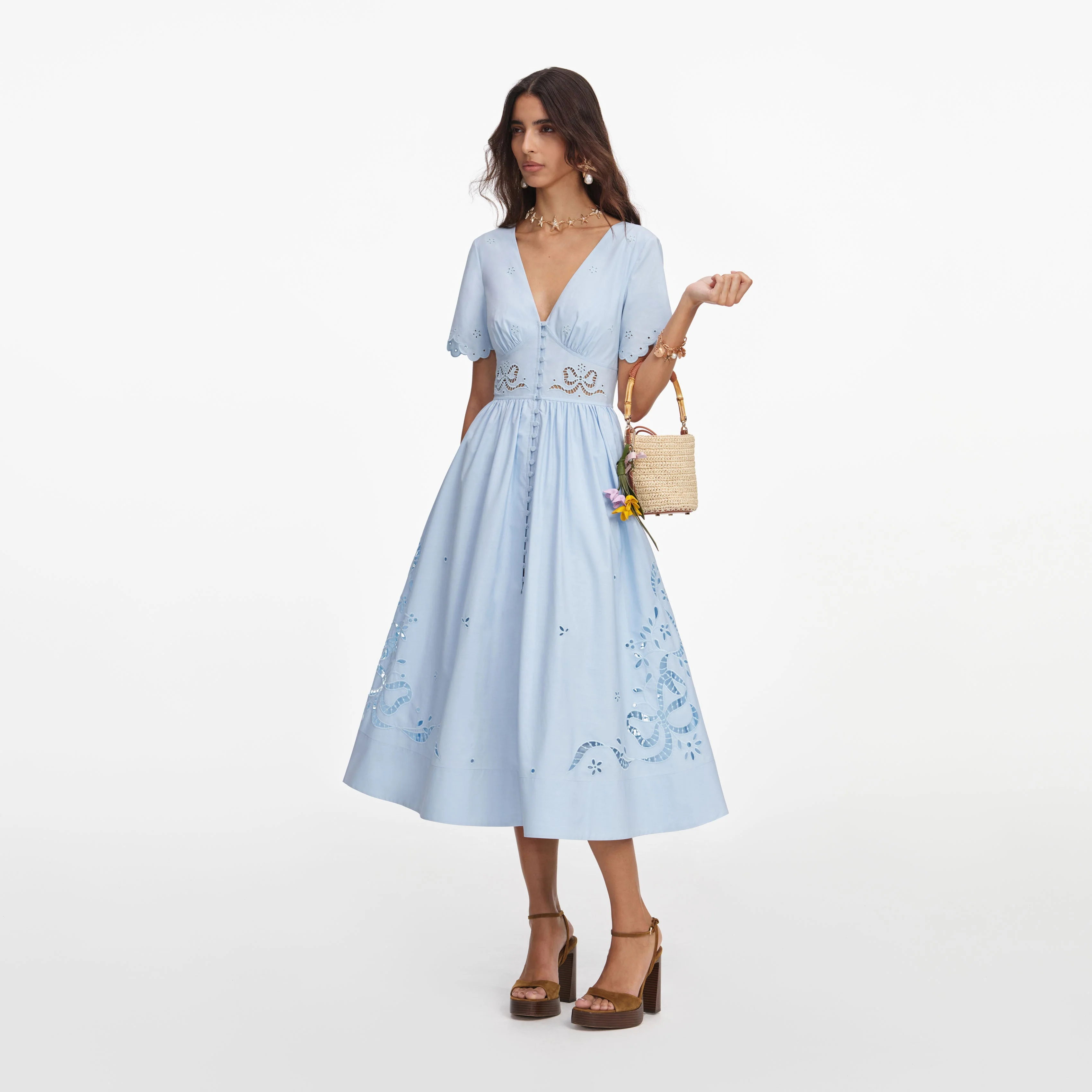 Blue Cotton Embroidered Midi Dress - Image 2