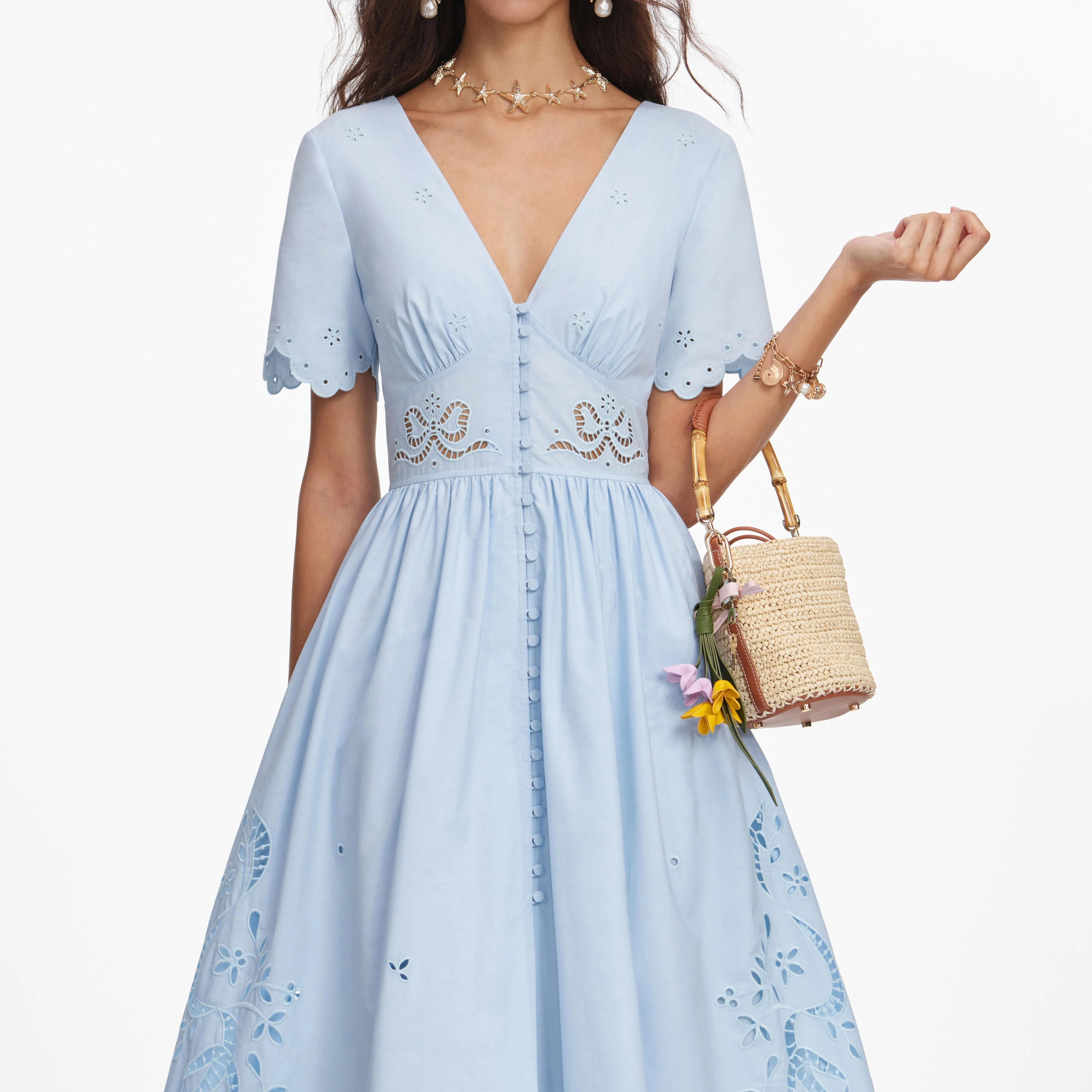 Blue Cotton Embroidered Midi Dress - Image 4