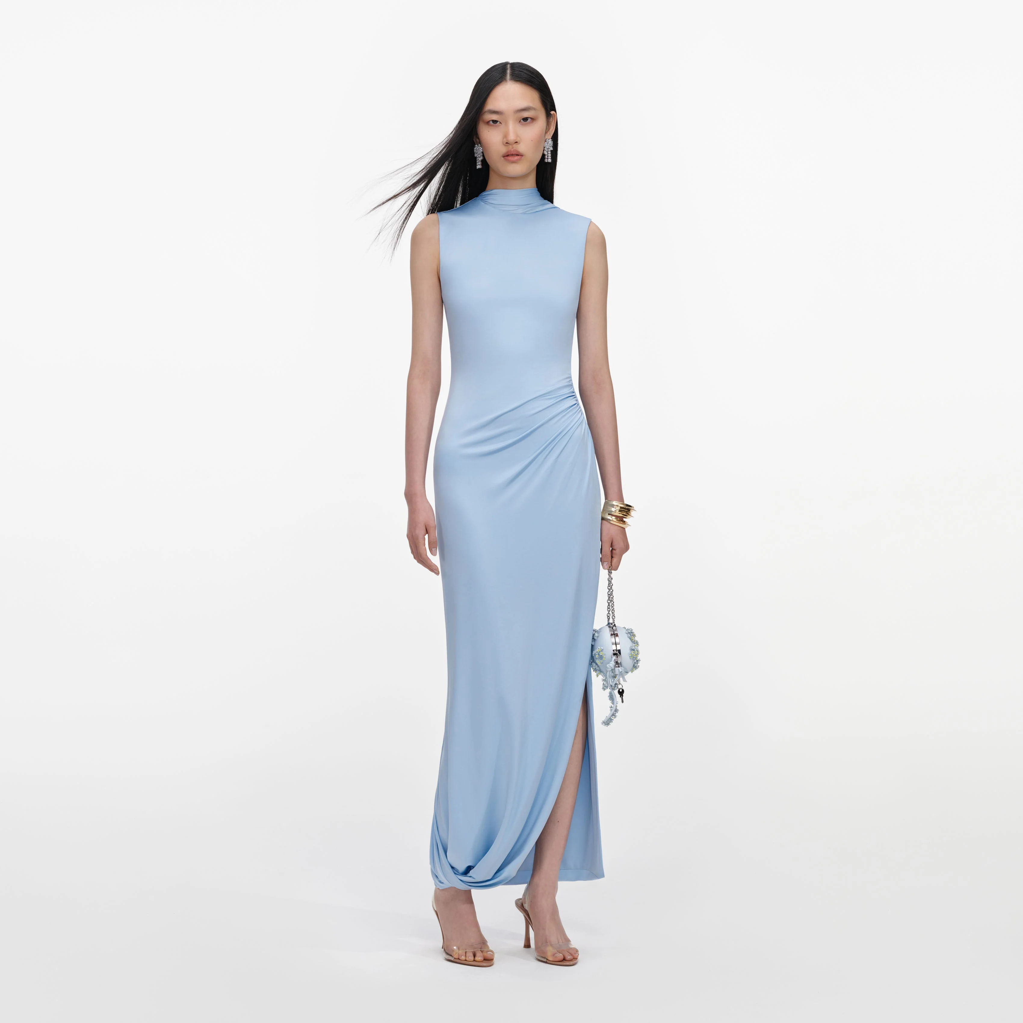 Blue Jersey Draped Maxi Dress - Image 4