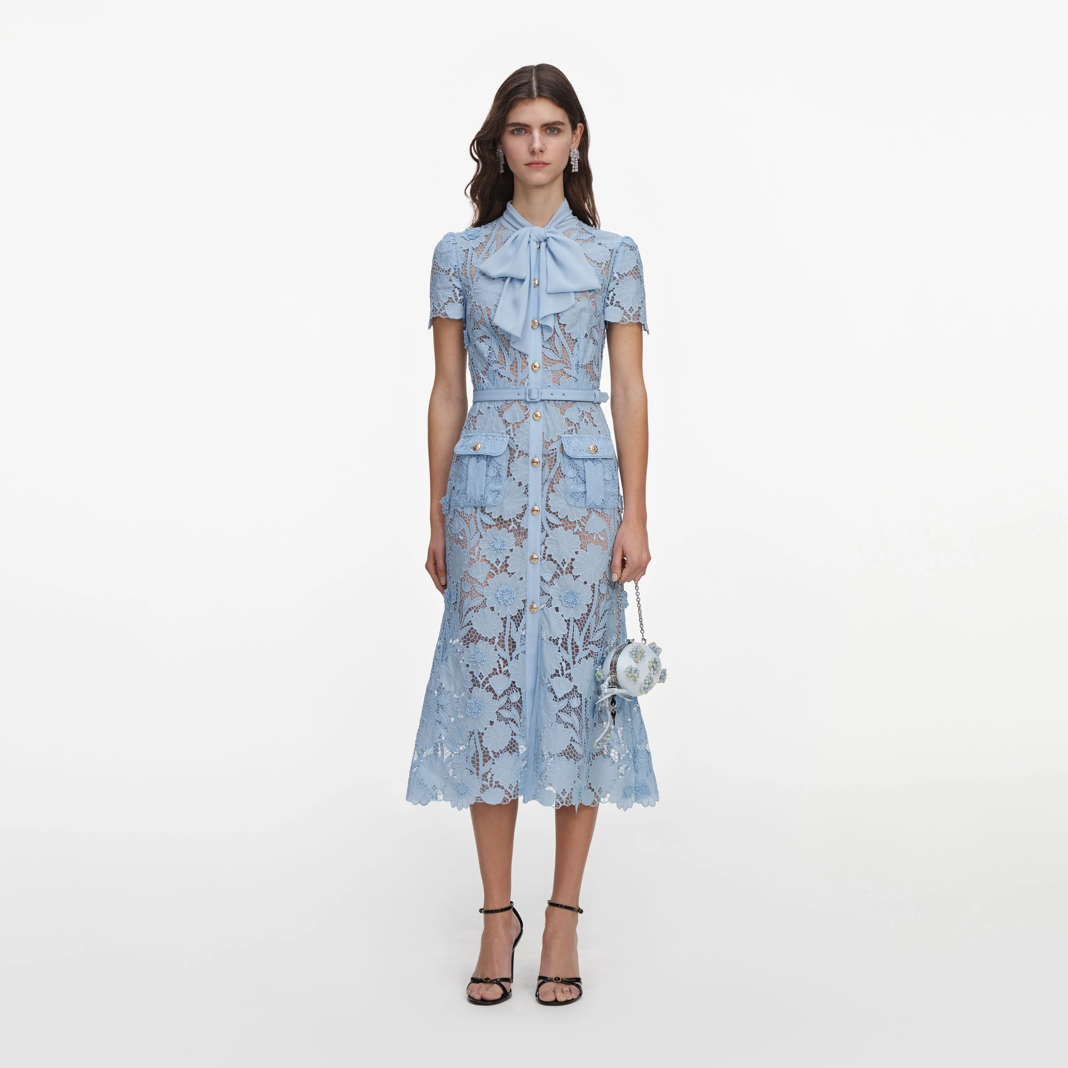 Blue Lace Tie Neck Midi Dress
