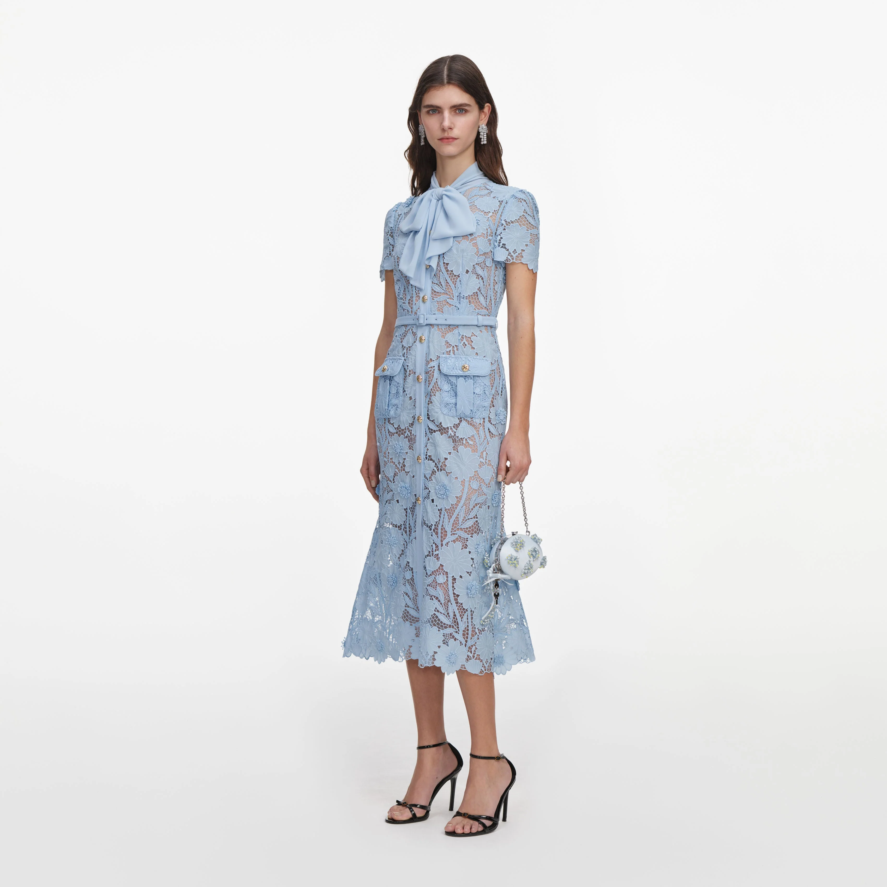 Blue Lace Tie Neck Midi Dress - Image 2