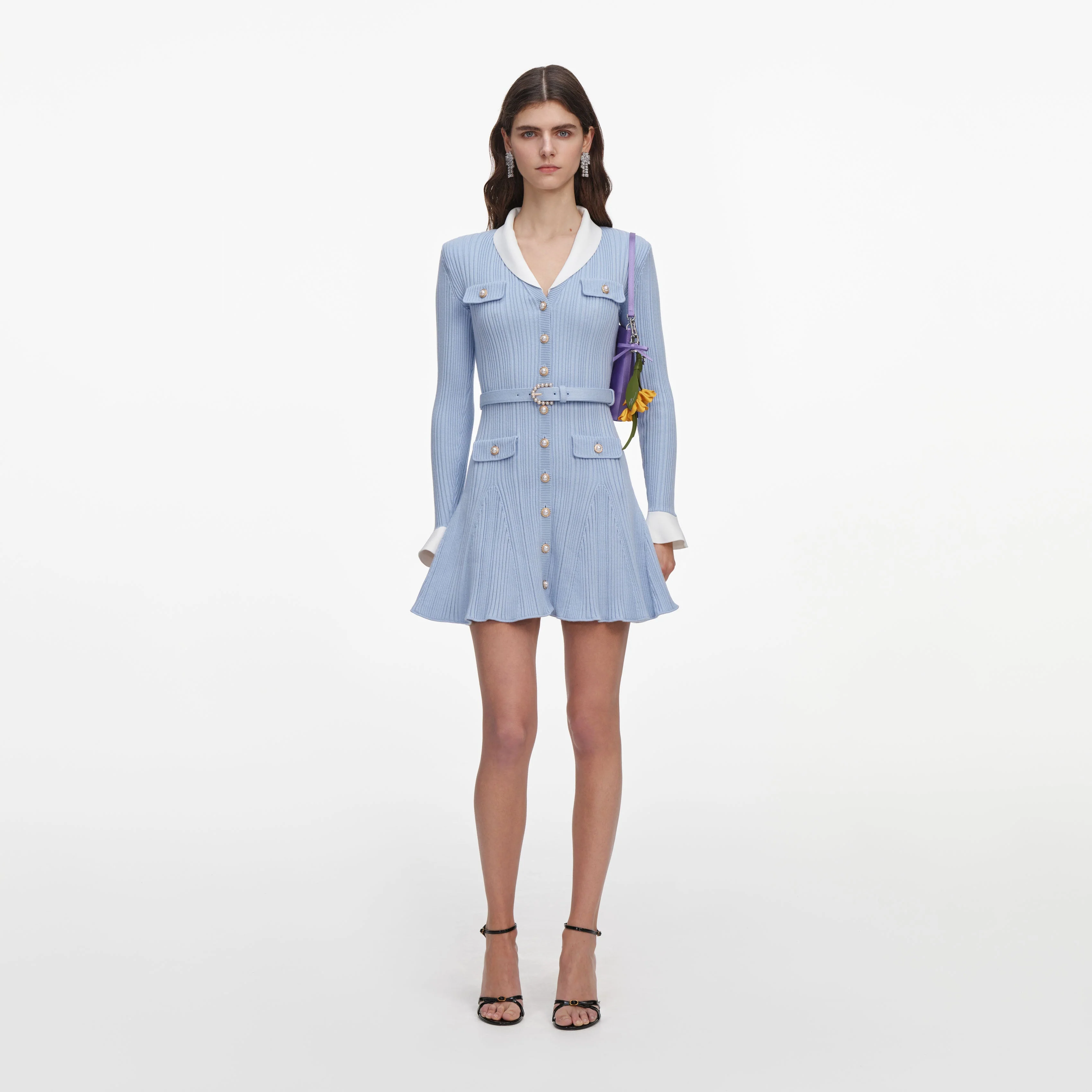 Blue Ribbed Knit Mini Dress