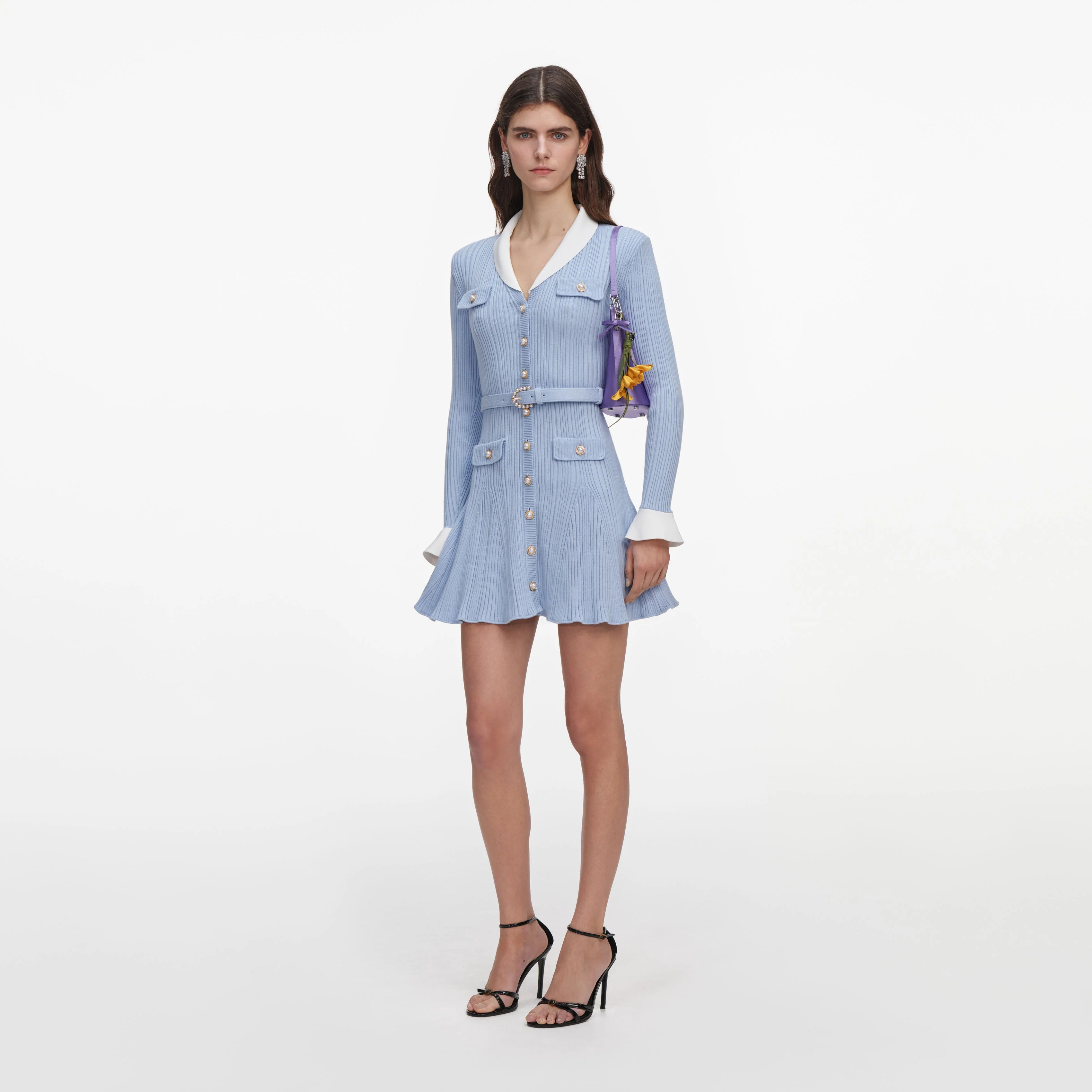Blue Ribbed Knit Mini Dress - Image 2