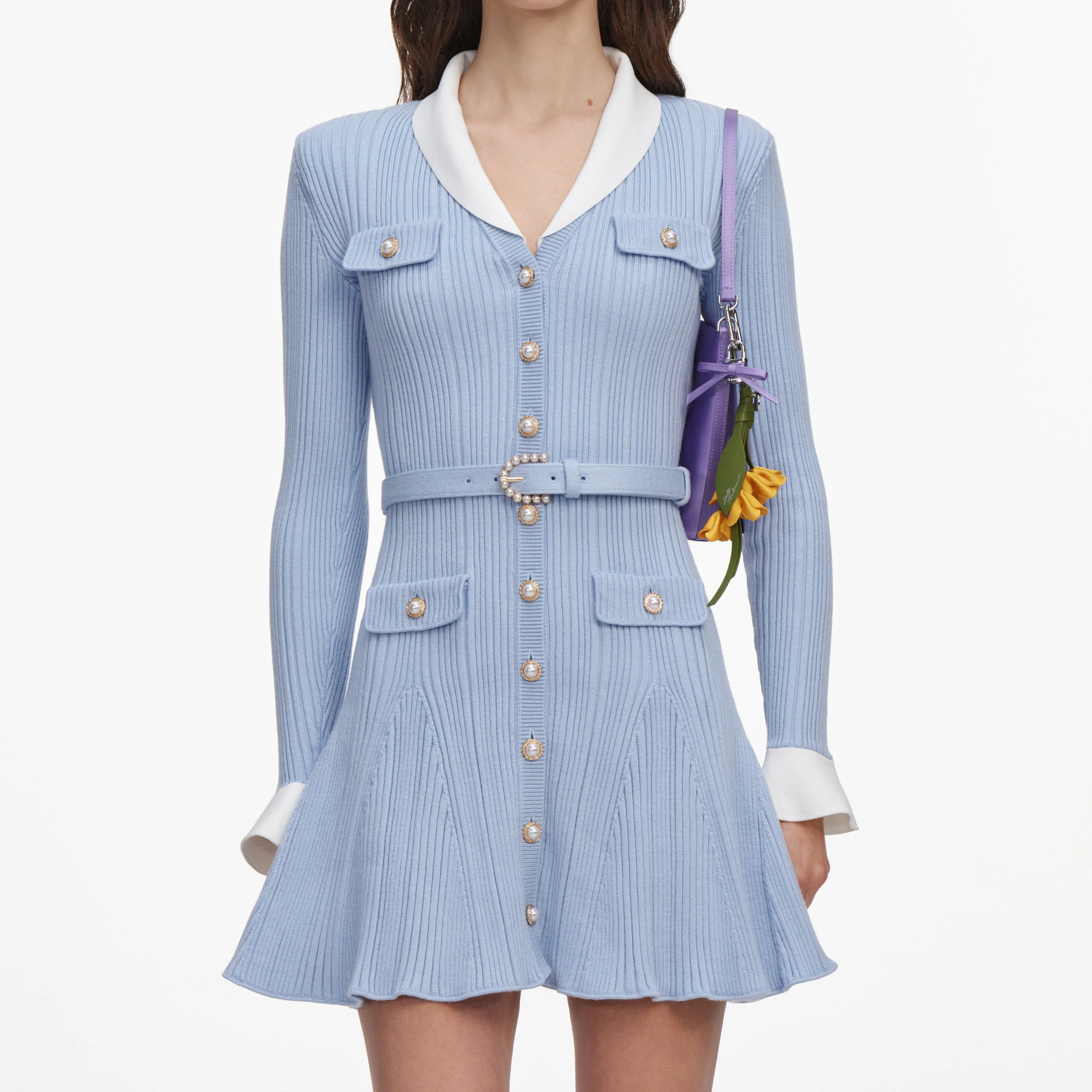 Blue Ribbed Knit Mini Dress - Image 4