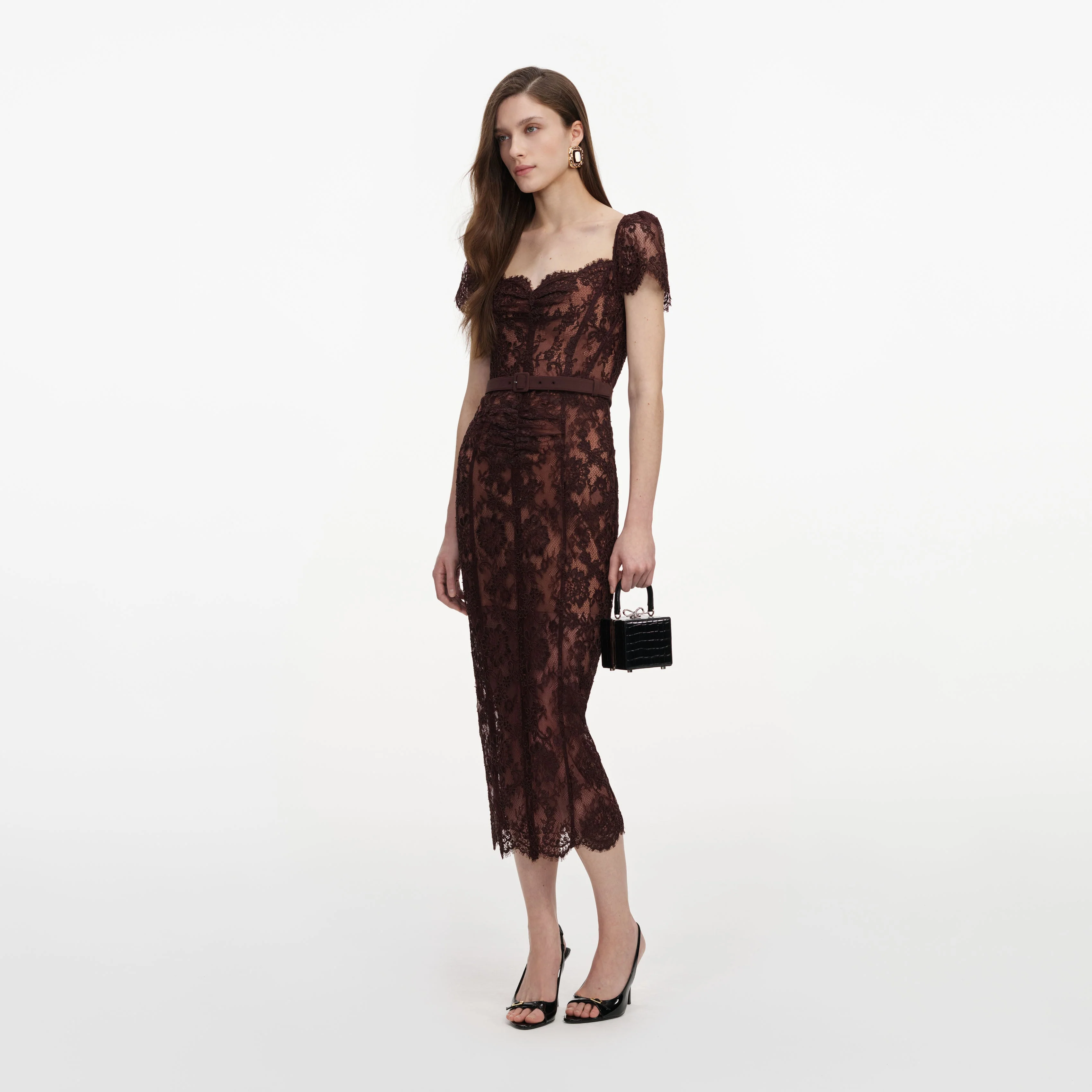 Brown Floral Lace Midi Dress - Image 2