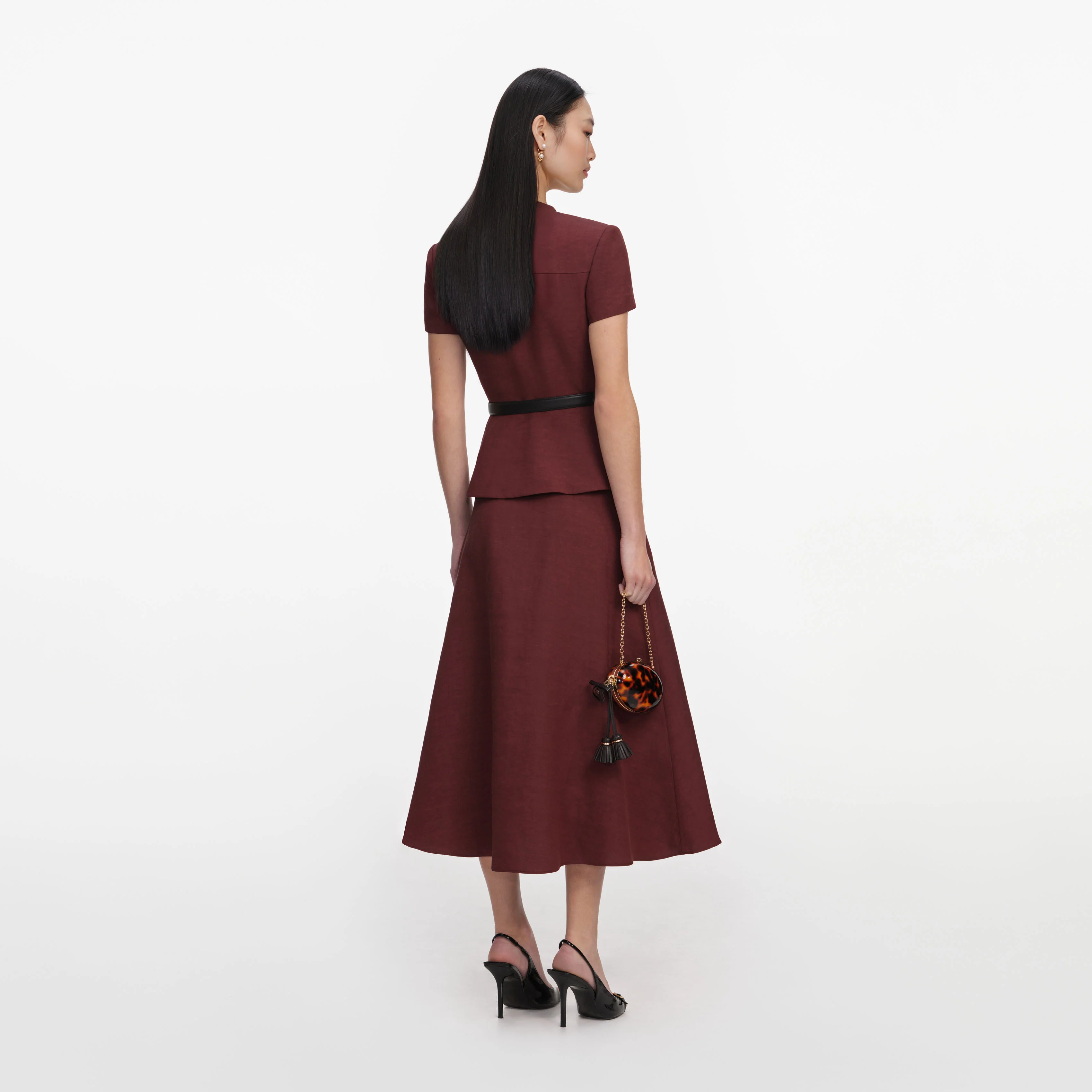 Brown Peplum Linen Blend Midi Dress - Image 3