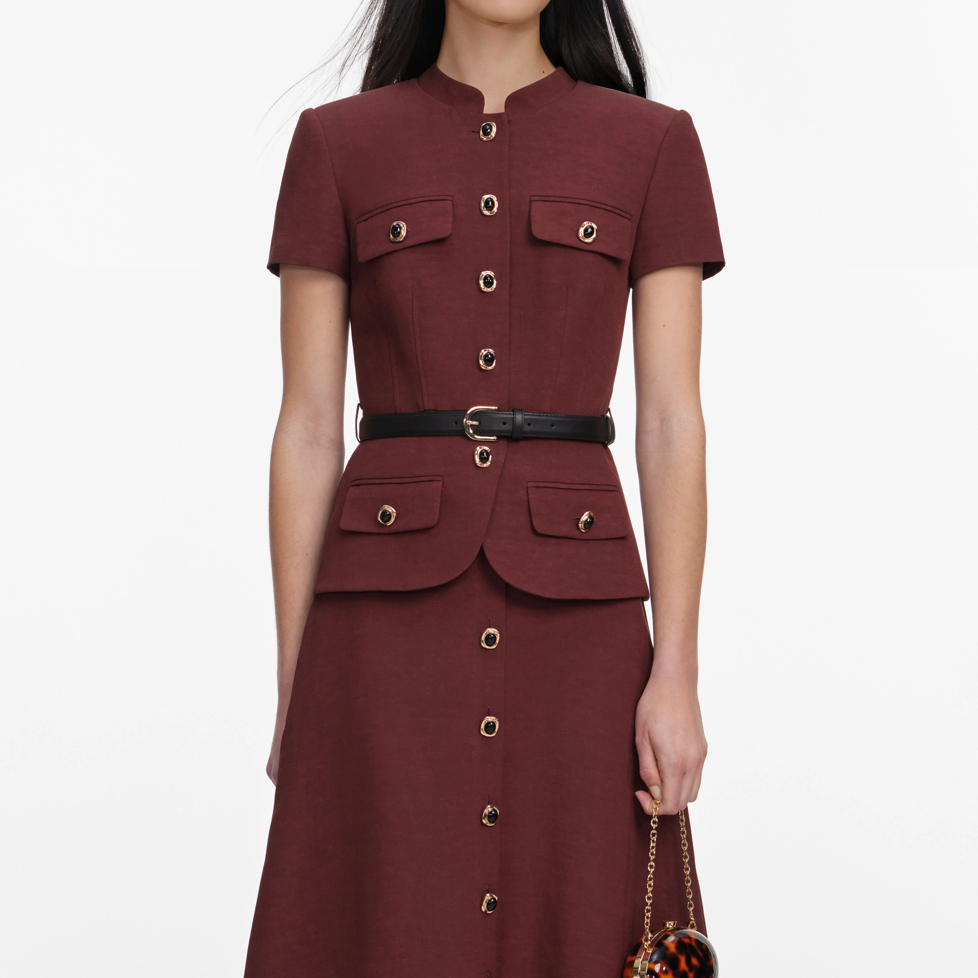 Brown Peplum Linen Blend Midi Dress - Image 4