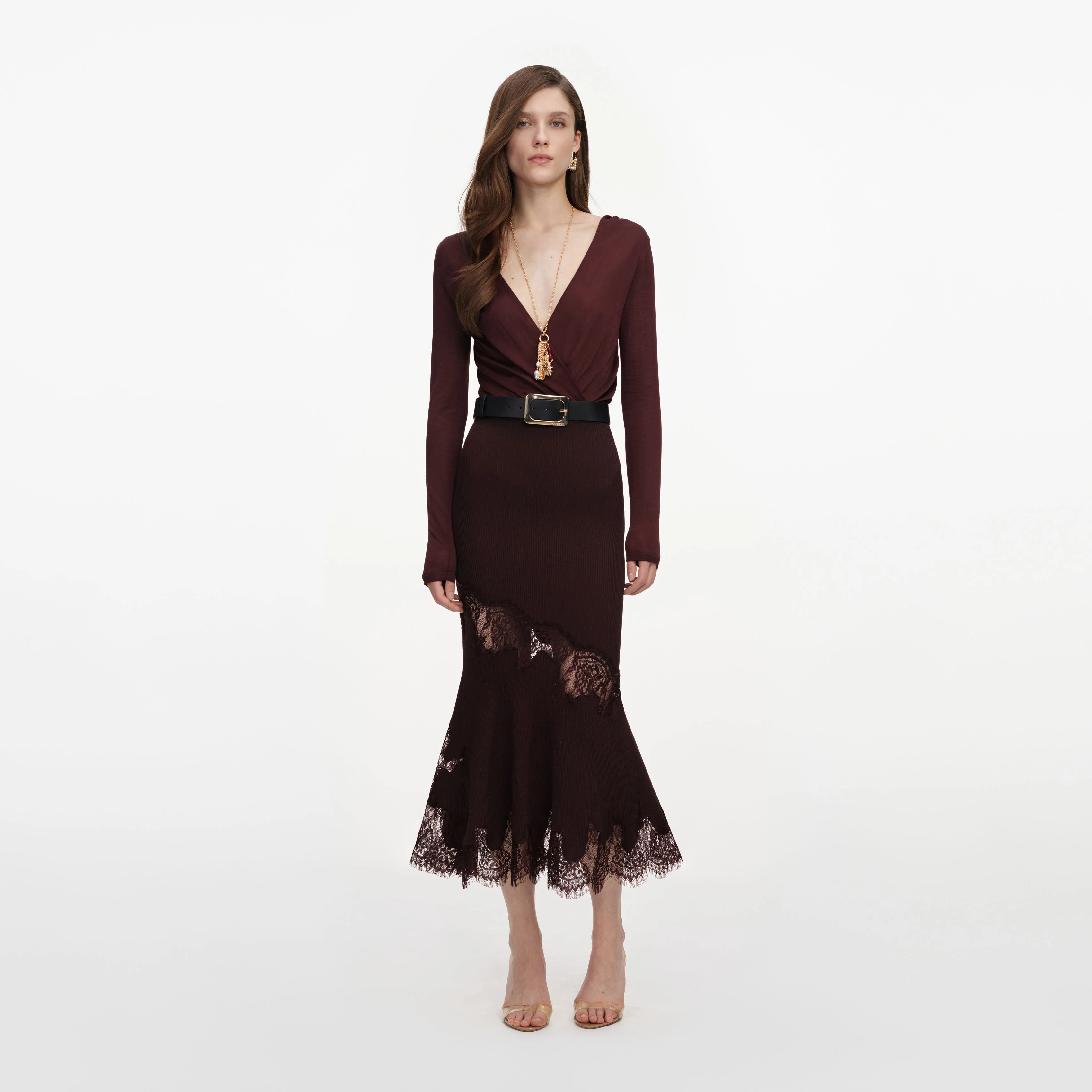 Brown Ribbed Knit Midi Skirt