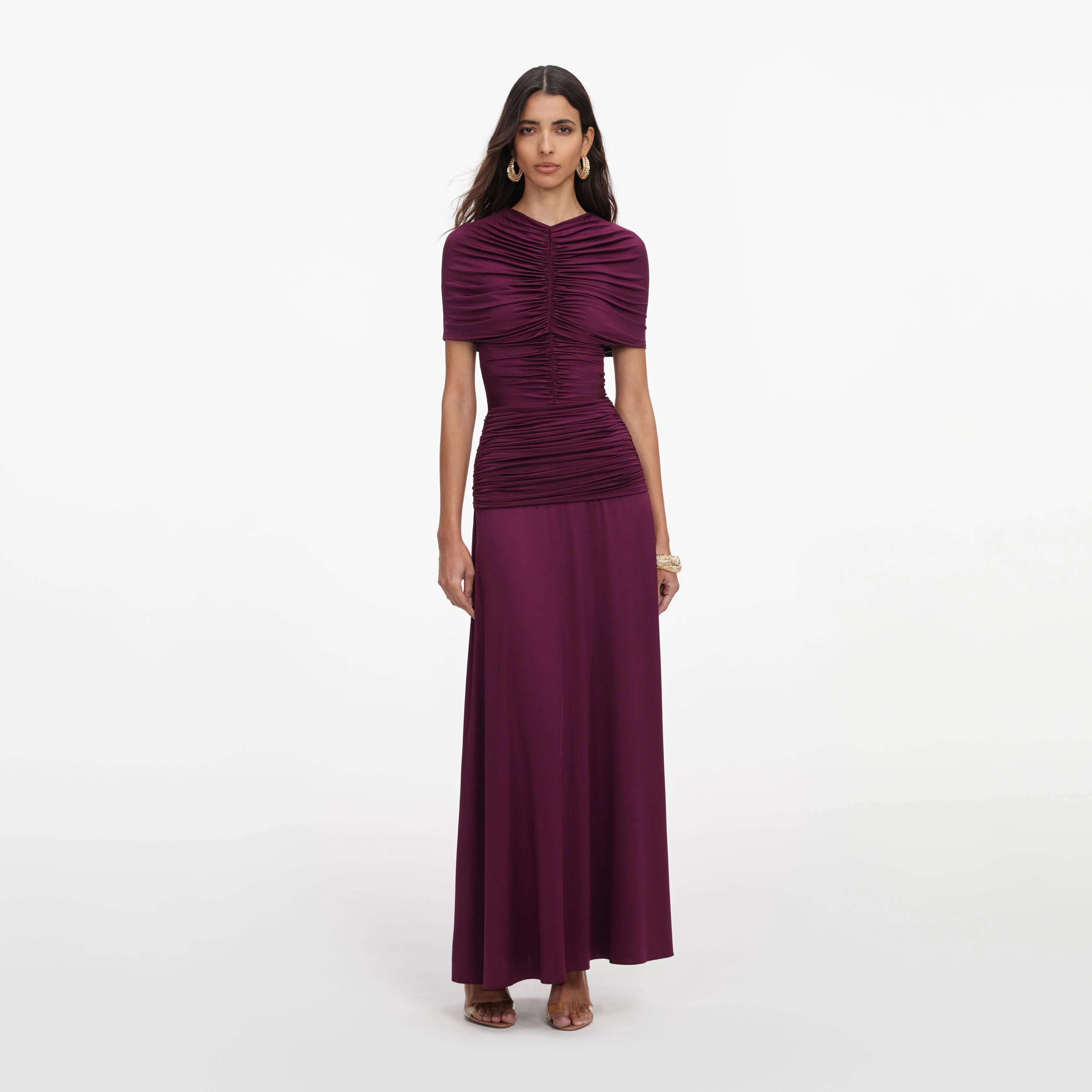 Burgundy Jersey Gathered Midi Dress