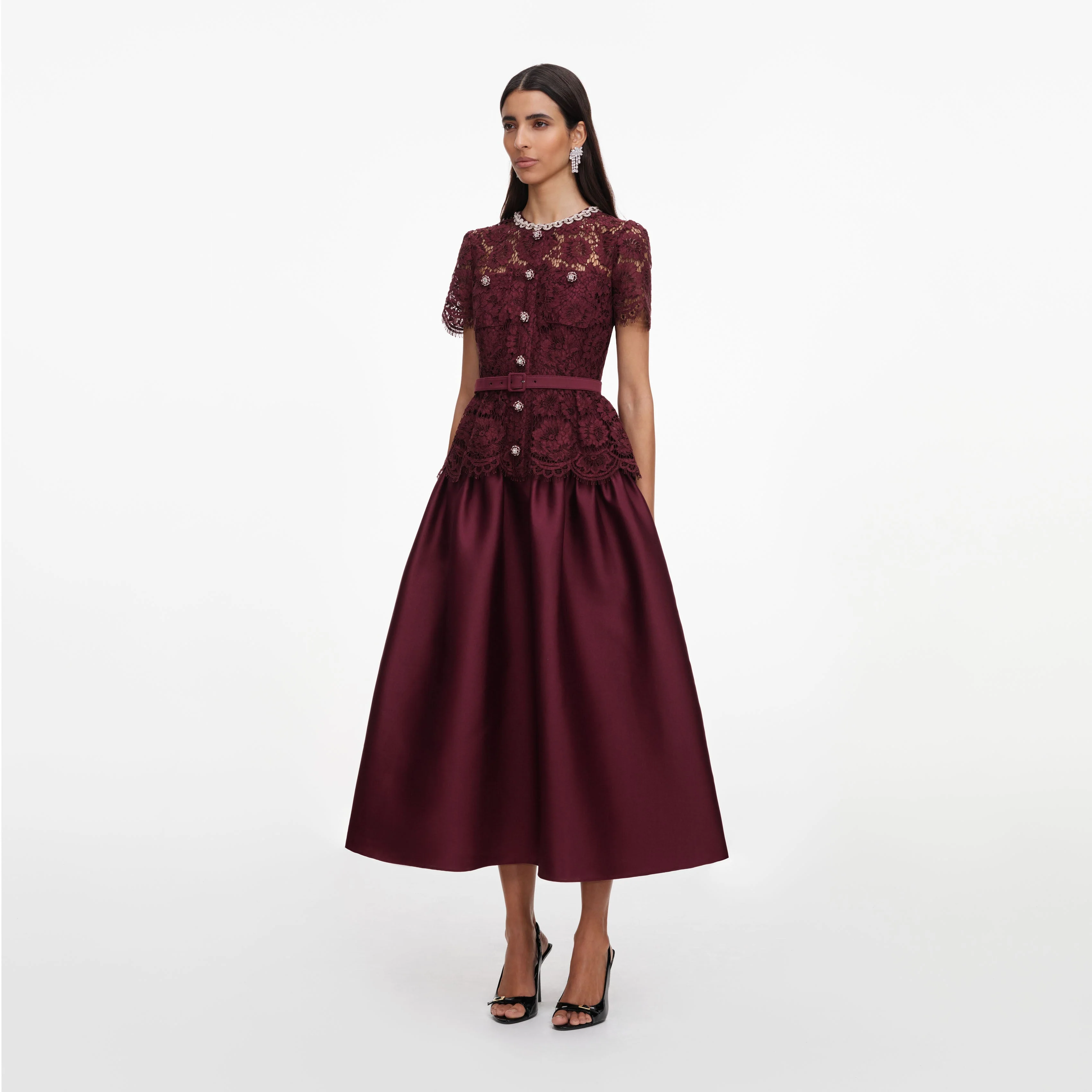 Burgundy Lace Taffeta Midi Dress - Image 2