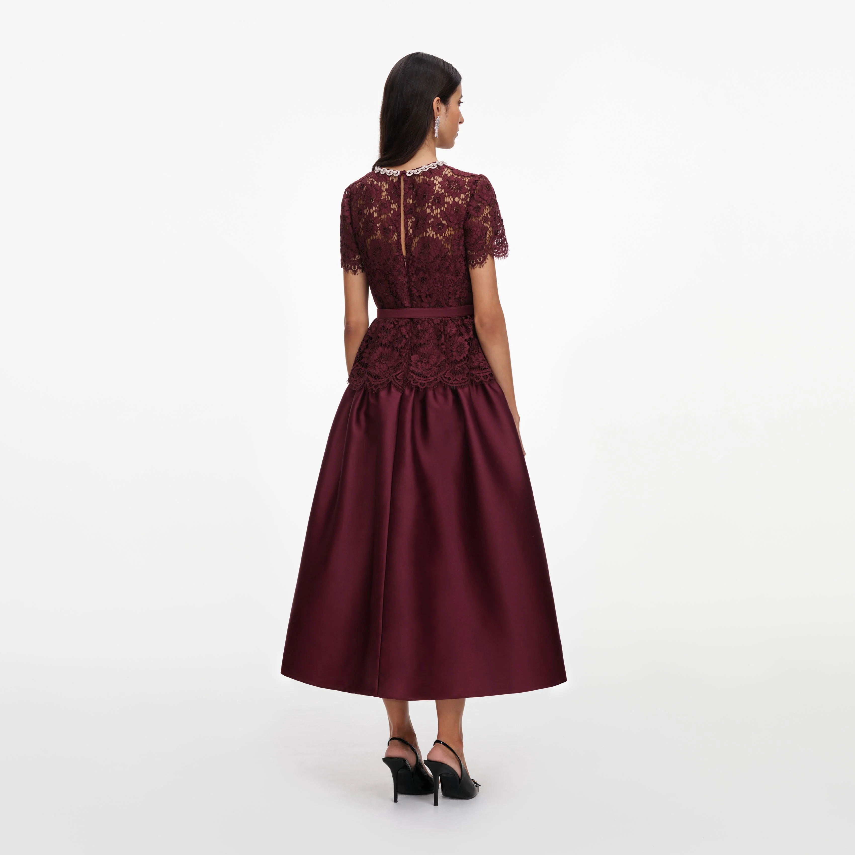Burgundy Lace Taffeta Midi Dress - Image 3