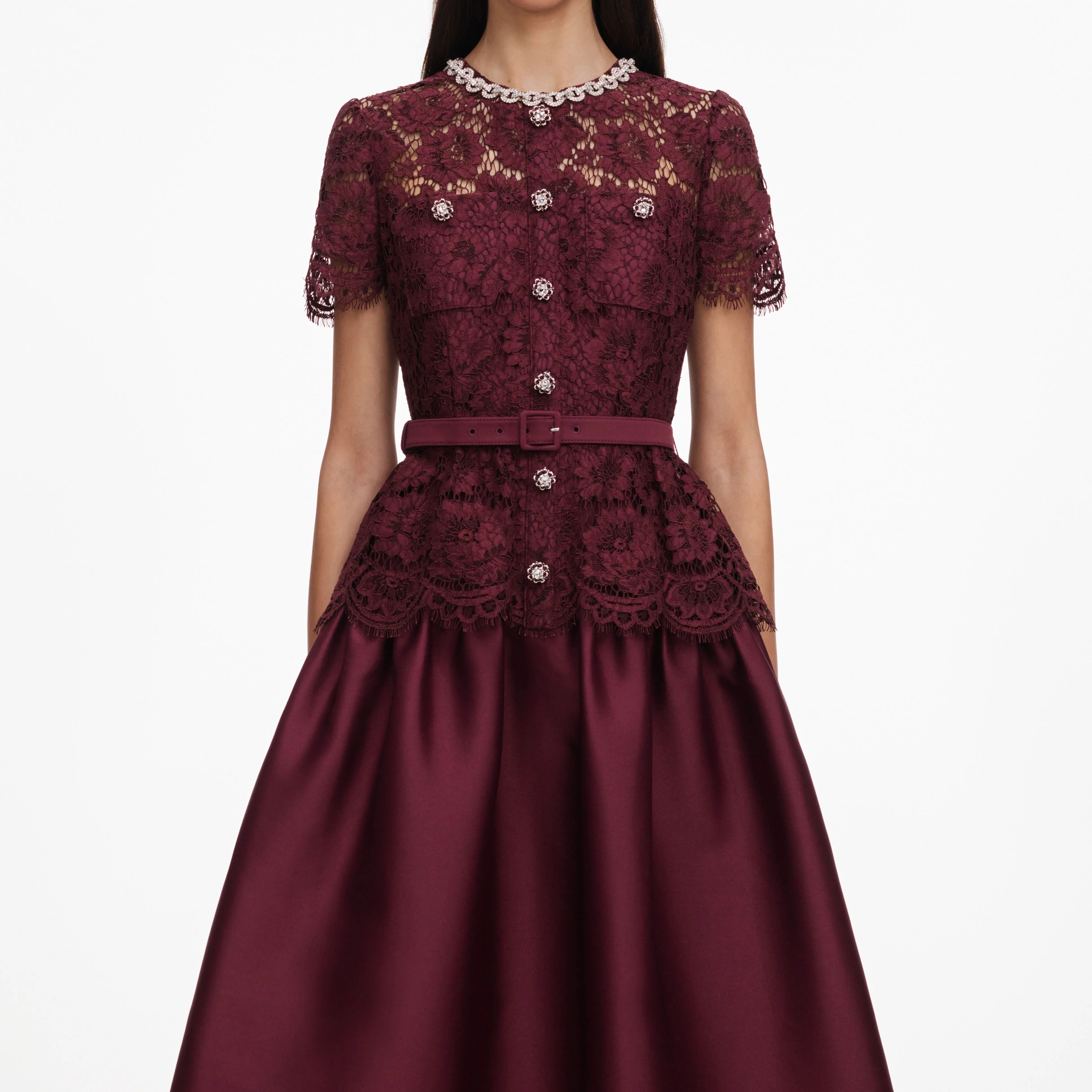 Burgundy Lace Taffeta Midi Dress - Image 4