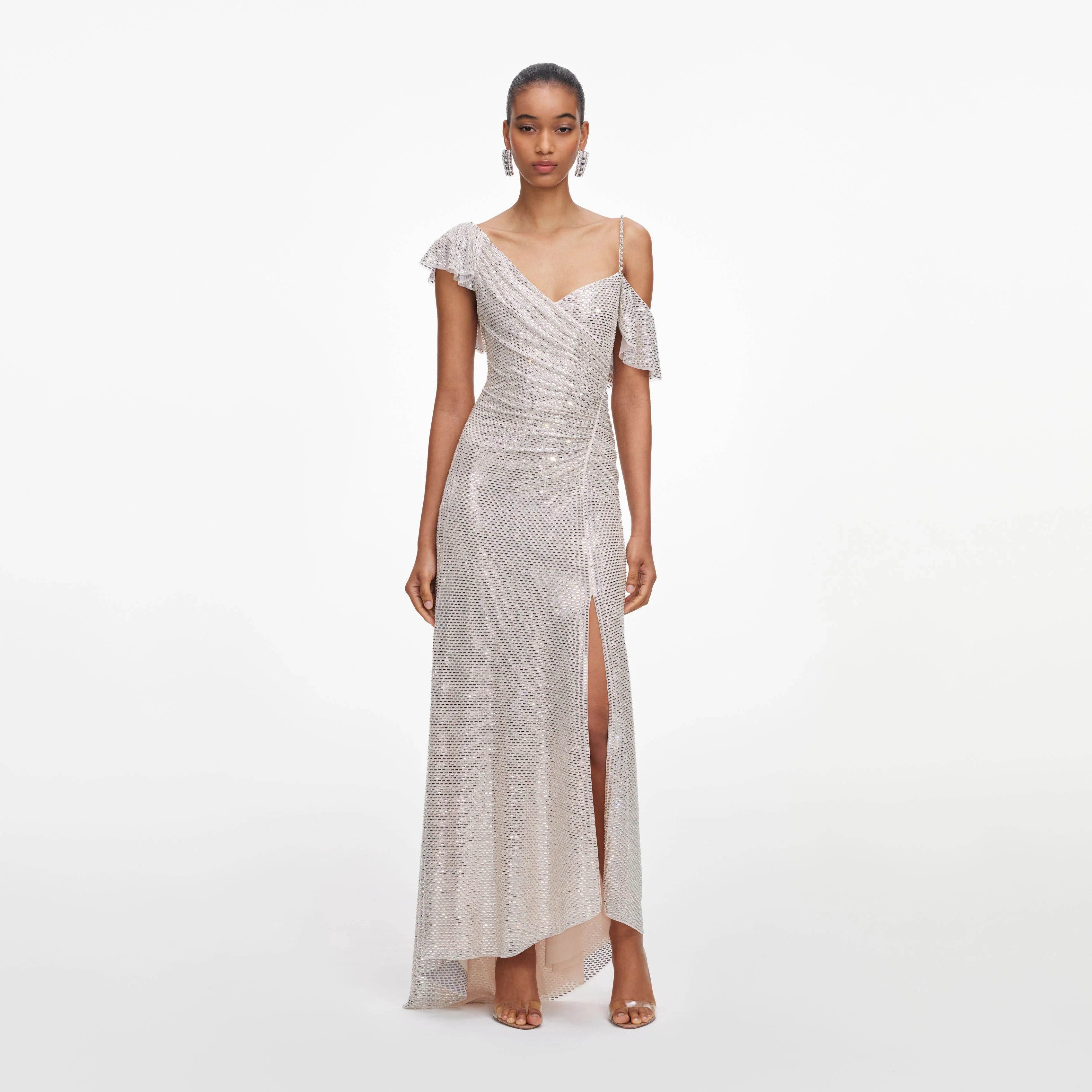 Champagne Rhinestone Ruffle Draped Maxi Dress