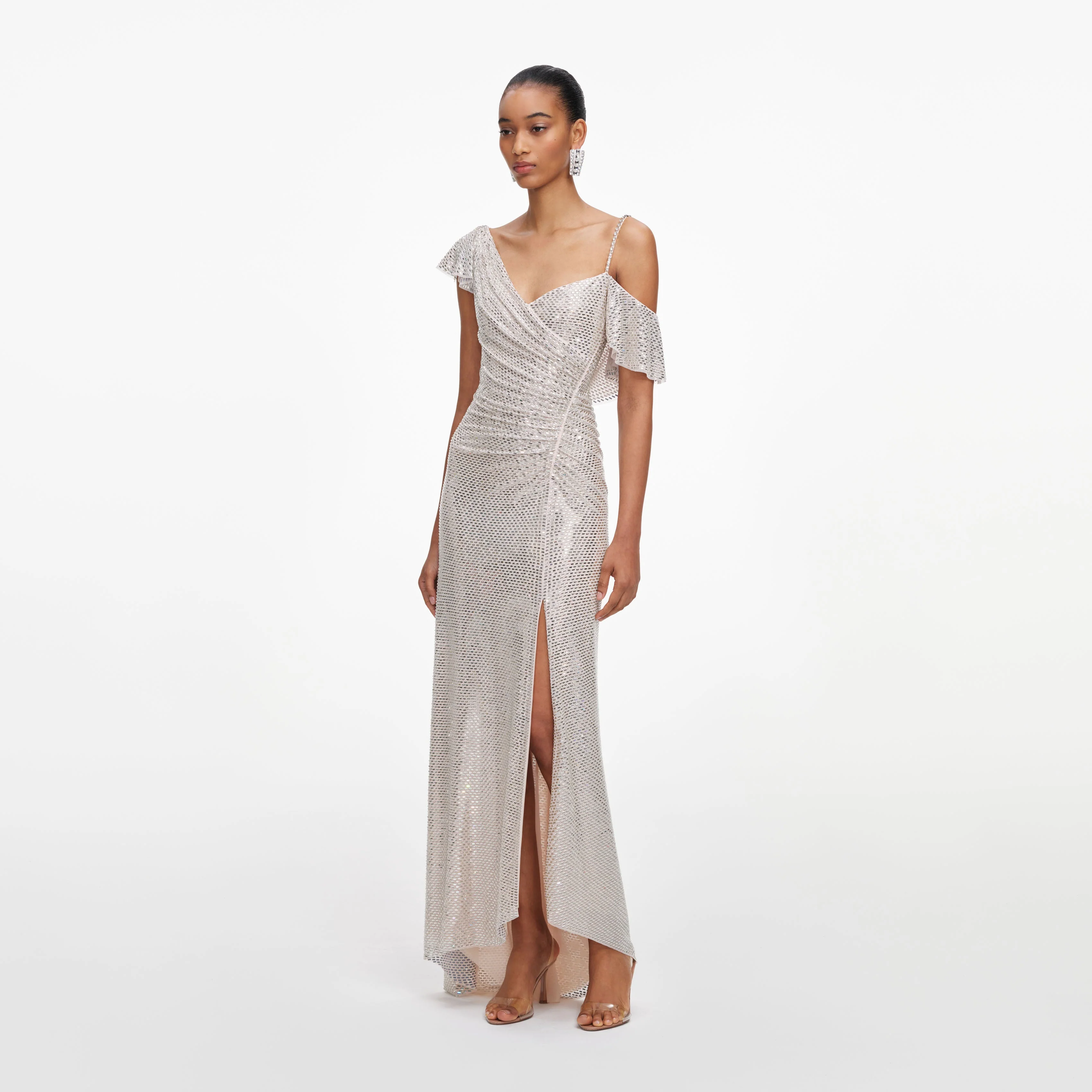 Champagne Rhinestone Ruffle Draped Maxi Dress - Image 2